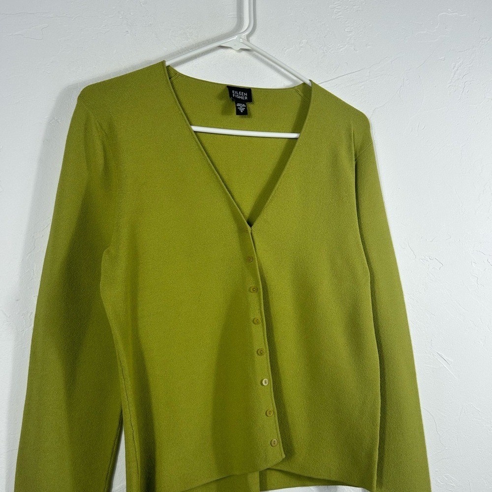 Eileen Fisher Chartreuse Green V-Neck Button Sweater Size Small