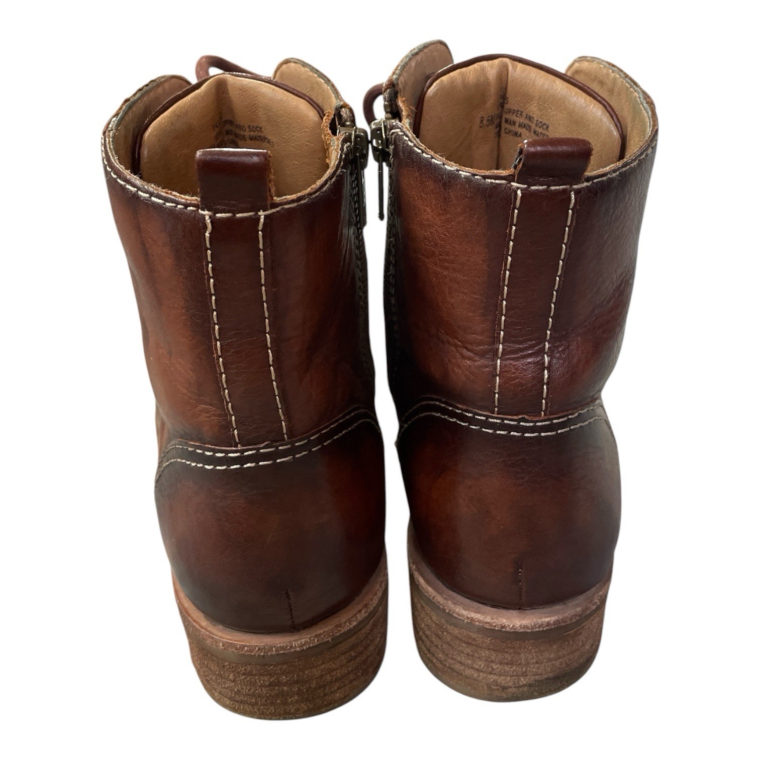 Söfft 8.5 Brown Leather Lace Up Combat Boots Side Zip 1.5″ Heel Moto Cap Toe