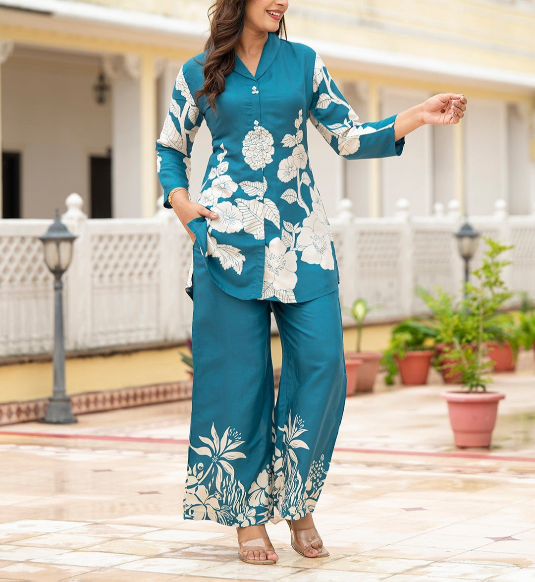 Teal Muslin Matching Co-Ord Set for Women Lightweight Summer Wear. Office Wear