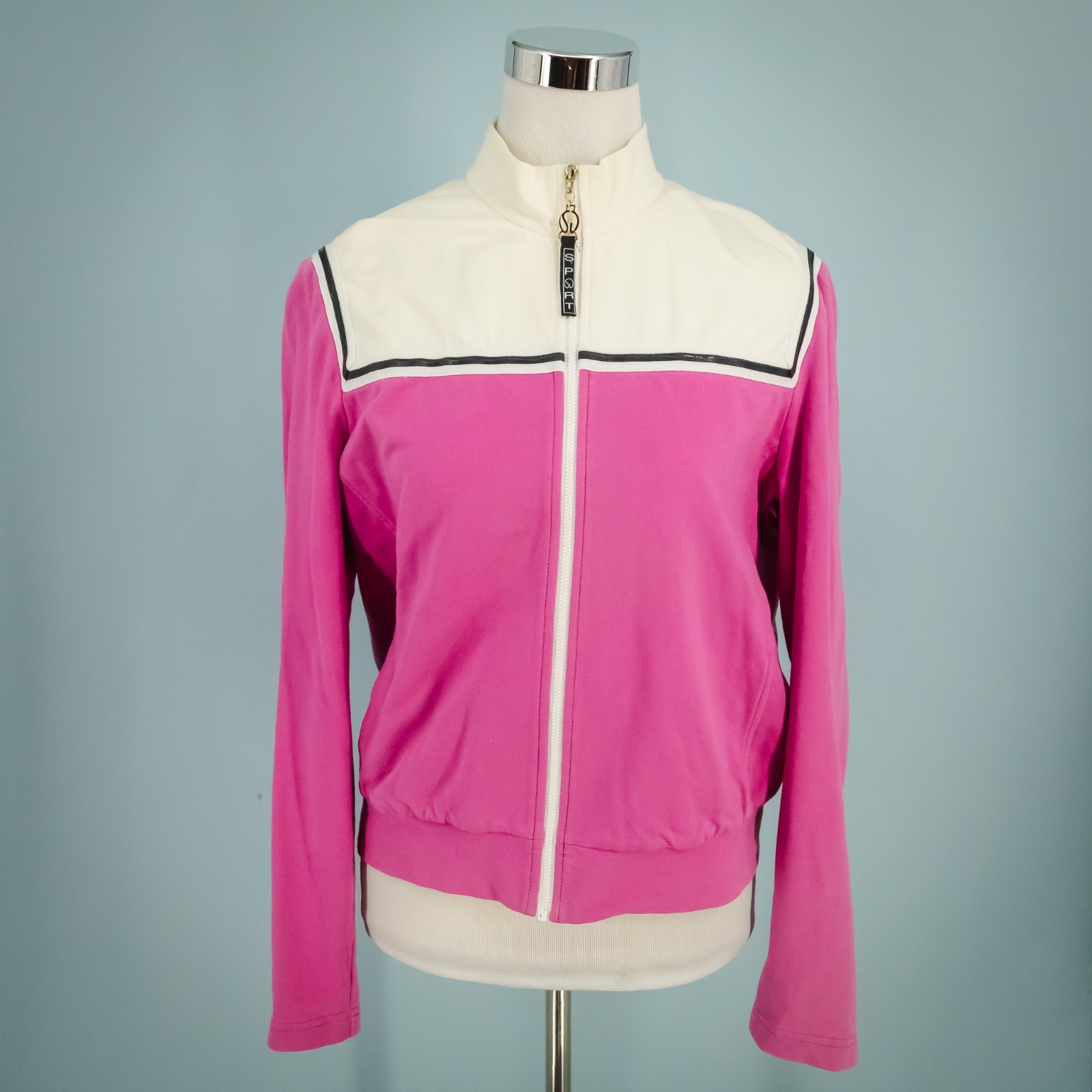 St. John Sport Size XS Pink White Cotton Knit Full Zip Long Sleeve Jacket