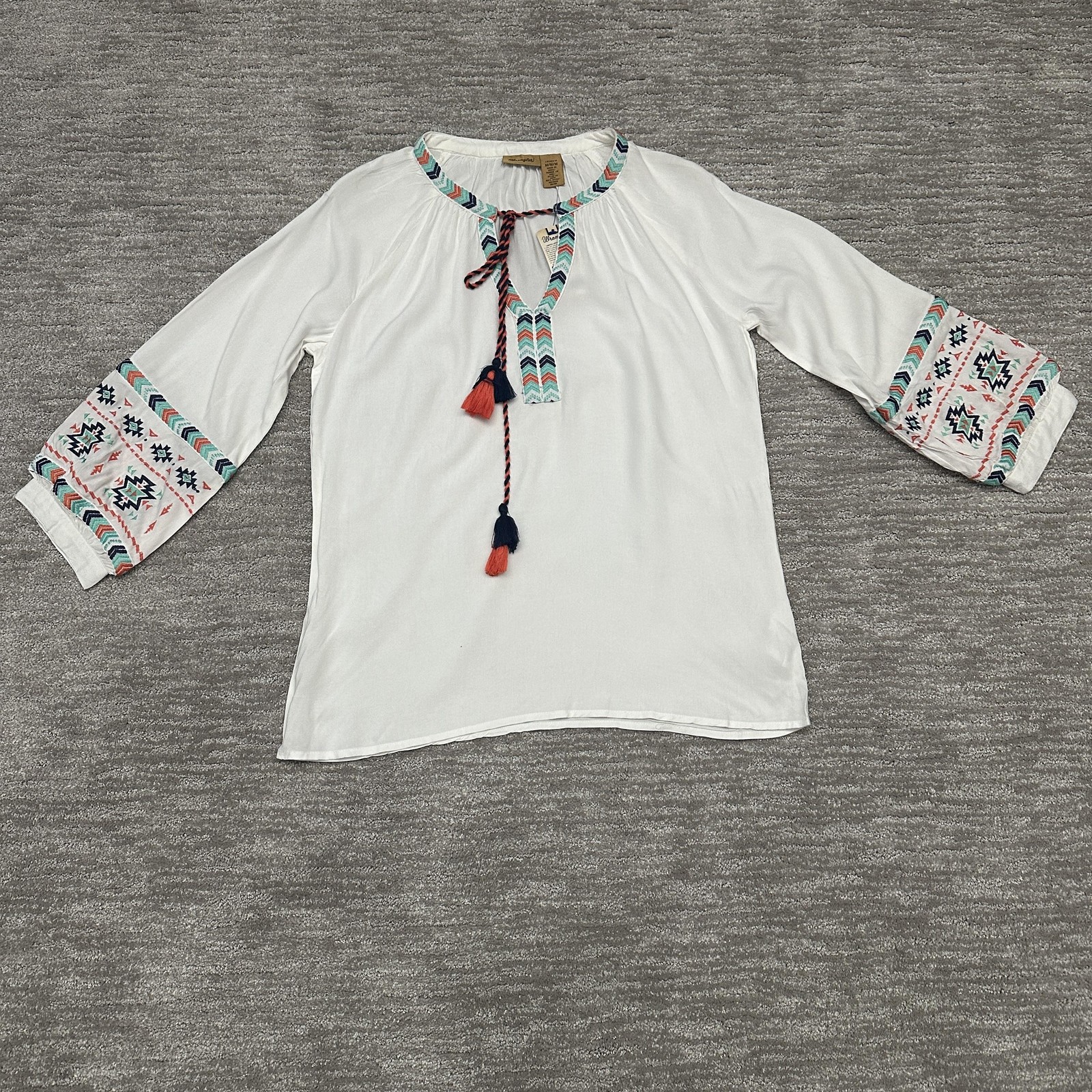 Wrangler Blouse Womens Medium White Embroidered Boho Western Aztec Top