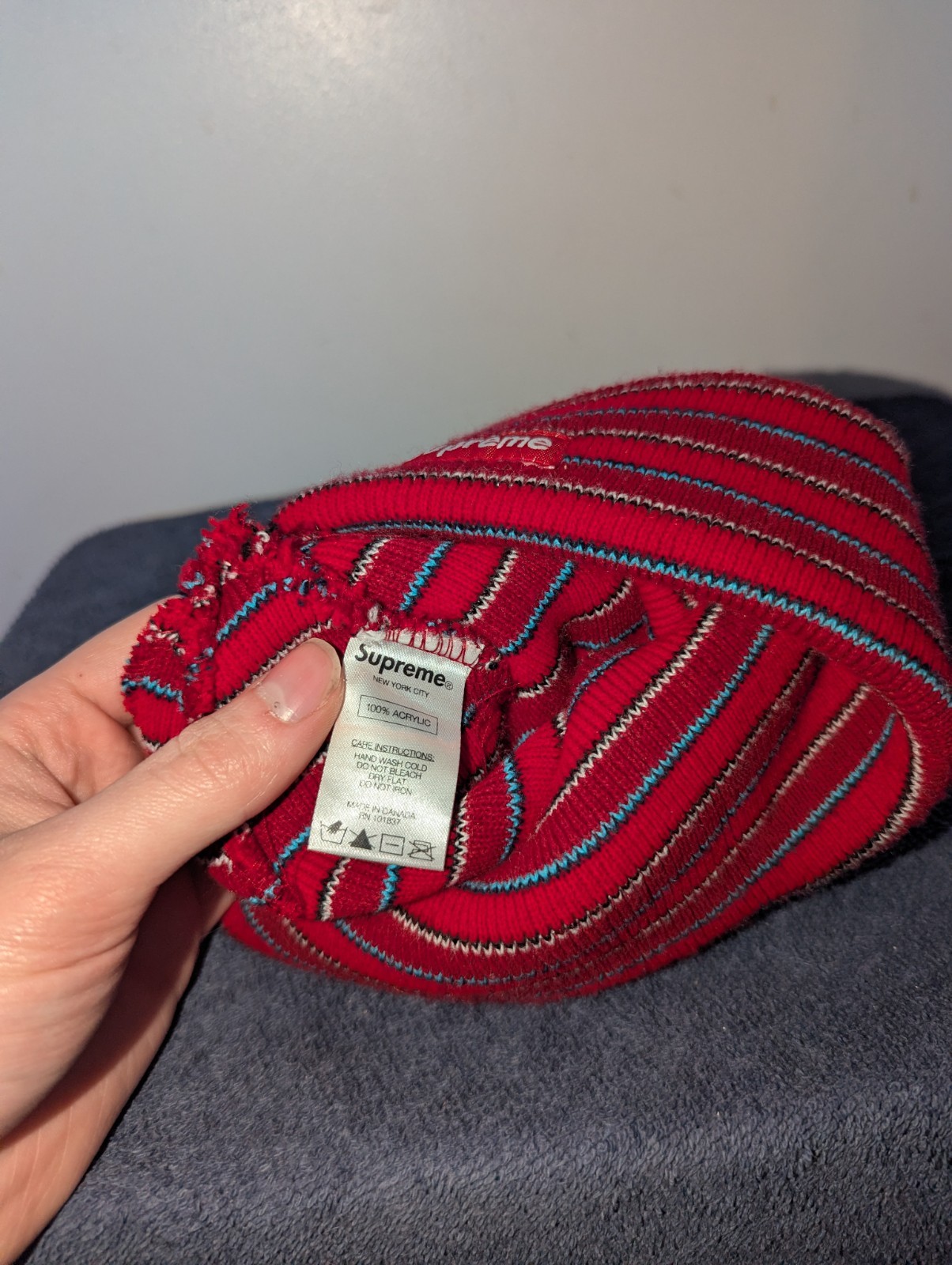 Supreme Striped Beanie Hat Mens One Size Red FW14 Logo Cuffed Knit
