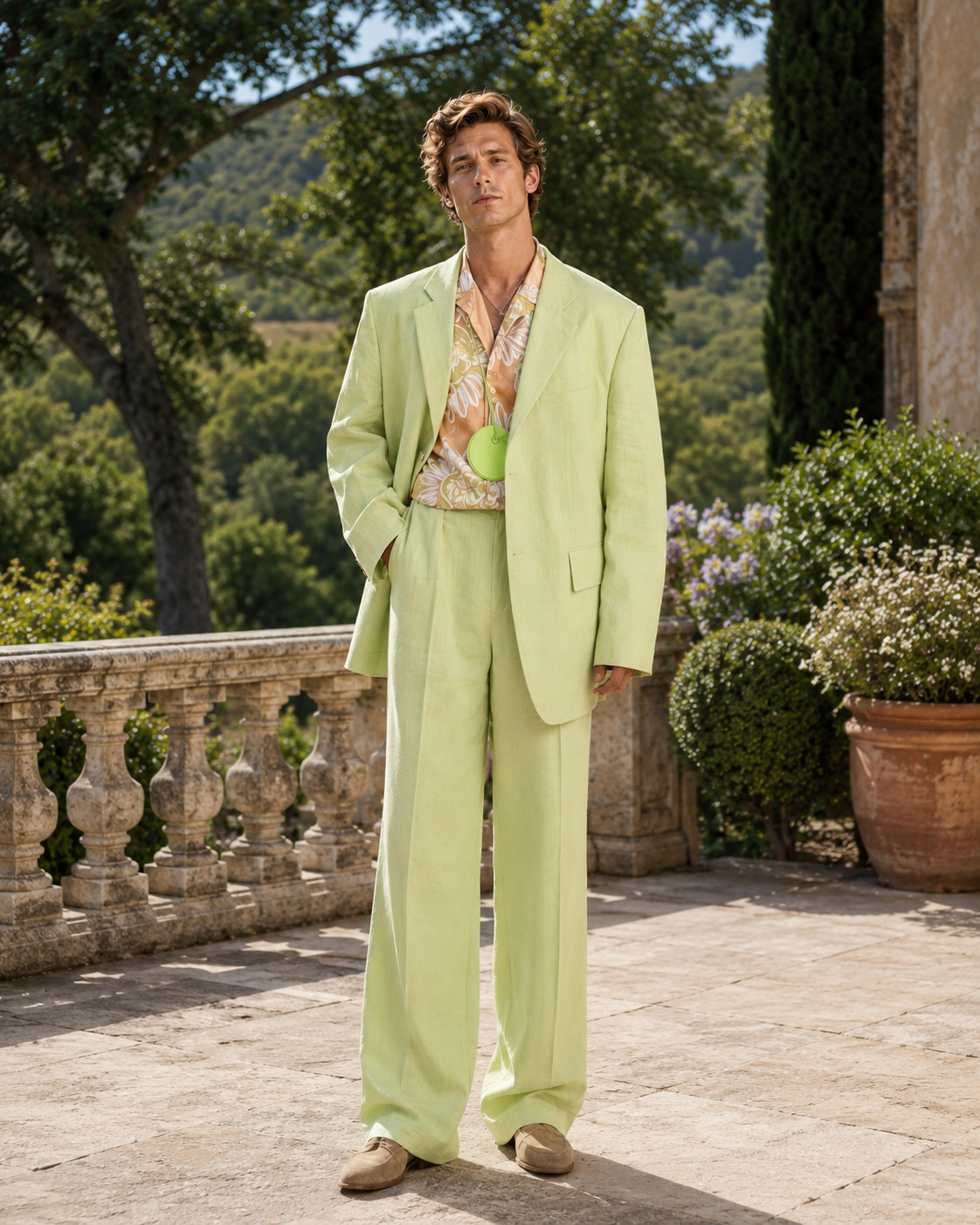 Mens Light Green Linen Look 2 Piece Suit Wide Leg Pants Summer Wedding Outfits