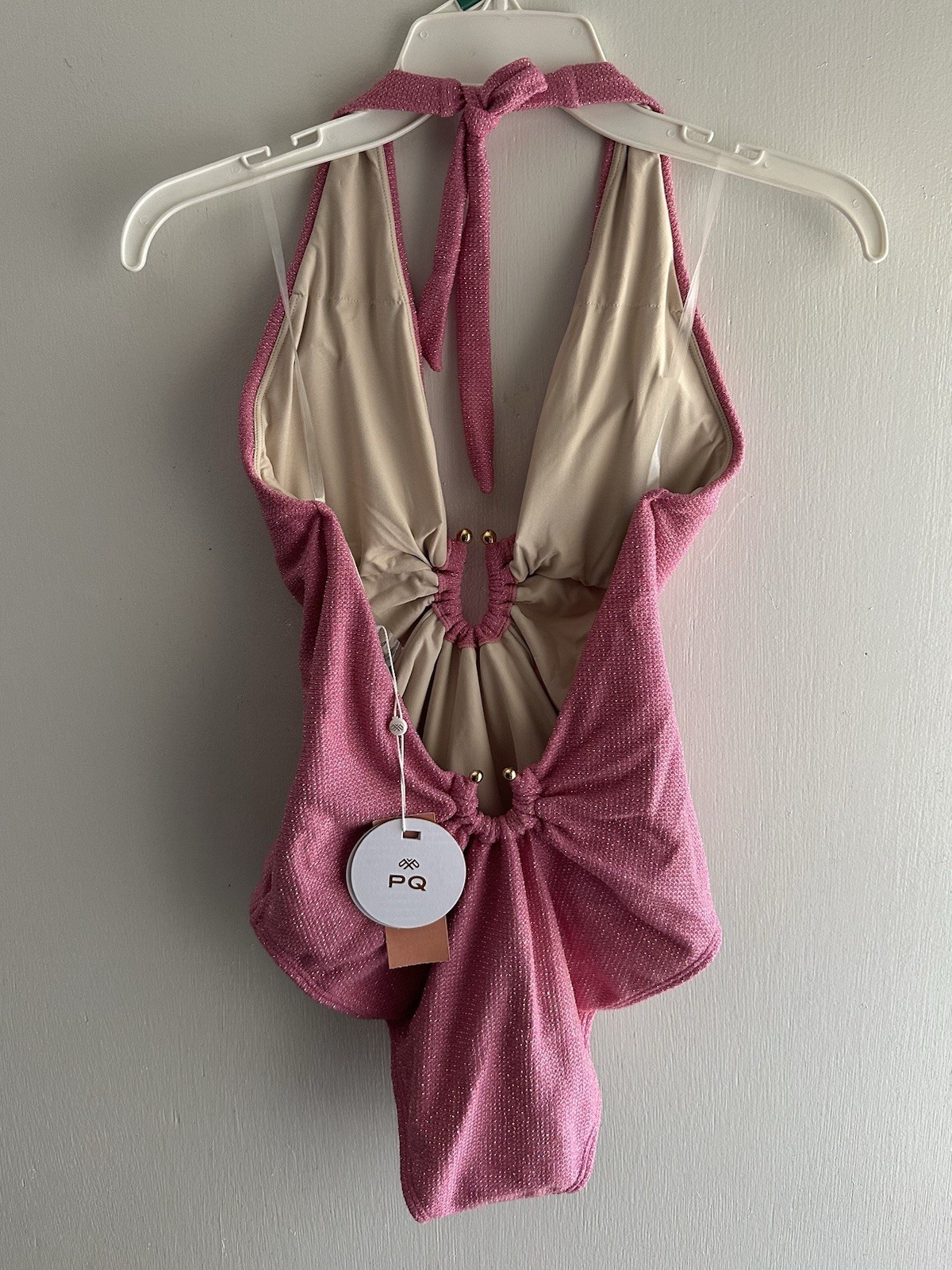 PQ Swim Pink Sparkle Plunge One Piece Swimsuit NWT Medium Luxury