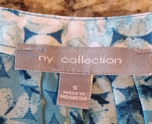 New Direction Women’s Blue White Floral Pleated Chiffon 3/4 Sleeve Blouse S