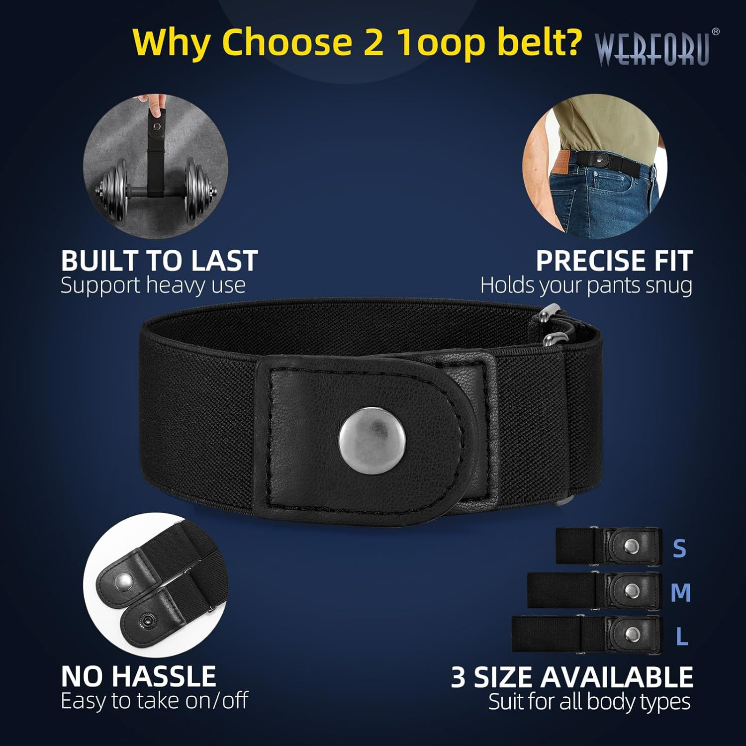 Men 2 Loop No Buckle Elastic Belt for Women Men Side Belts, Fit 1.5 Inch Belt Lo