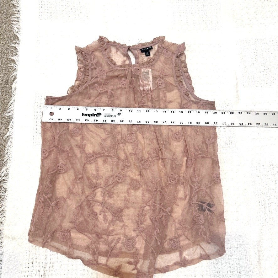 Torrid 00 embroidered mesh mock neck ruffle sheer top TB2 3557