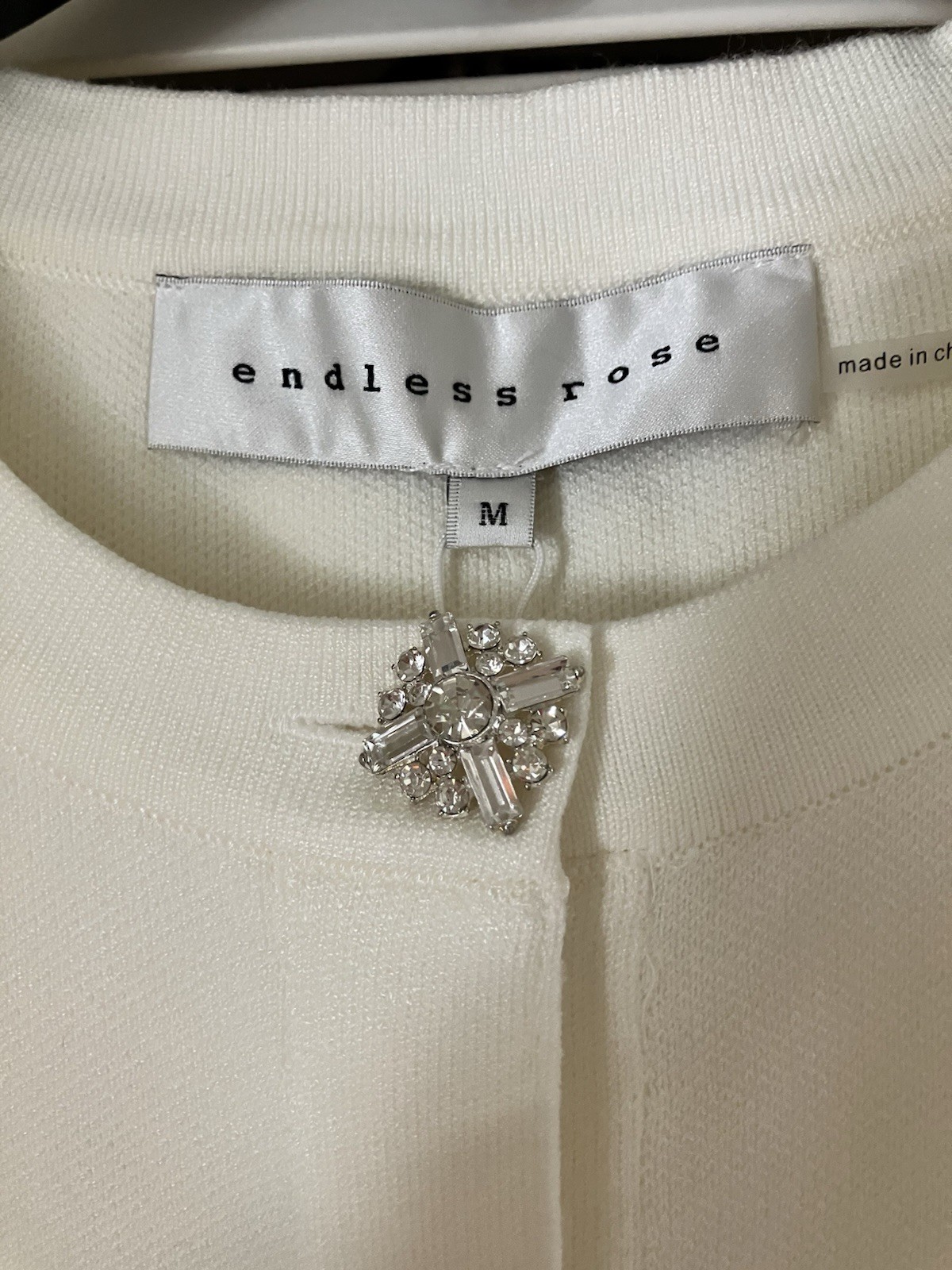 Endless Rose Ivory Rhinestone Button Short Sleeve Sweater Women’s