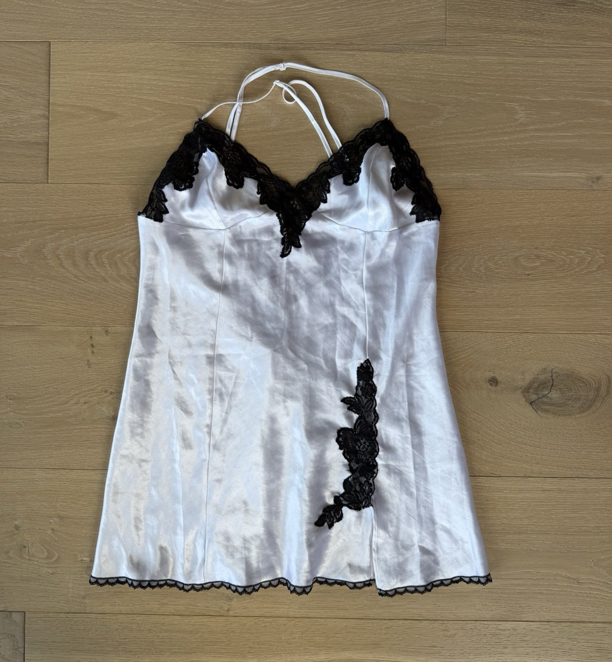 Frederick’s of Hollywood White Satin Slip Black Lace Trim Slit Adjustable Size M