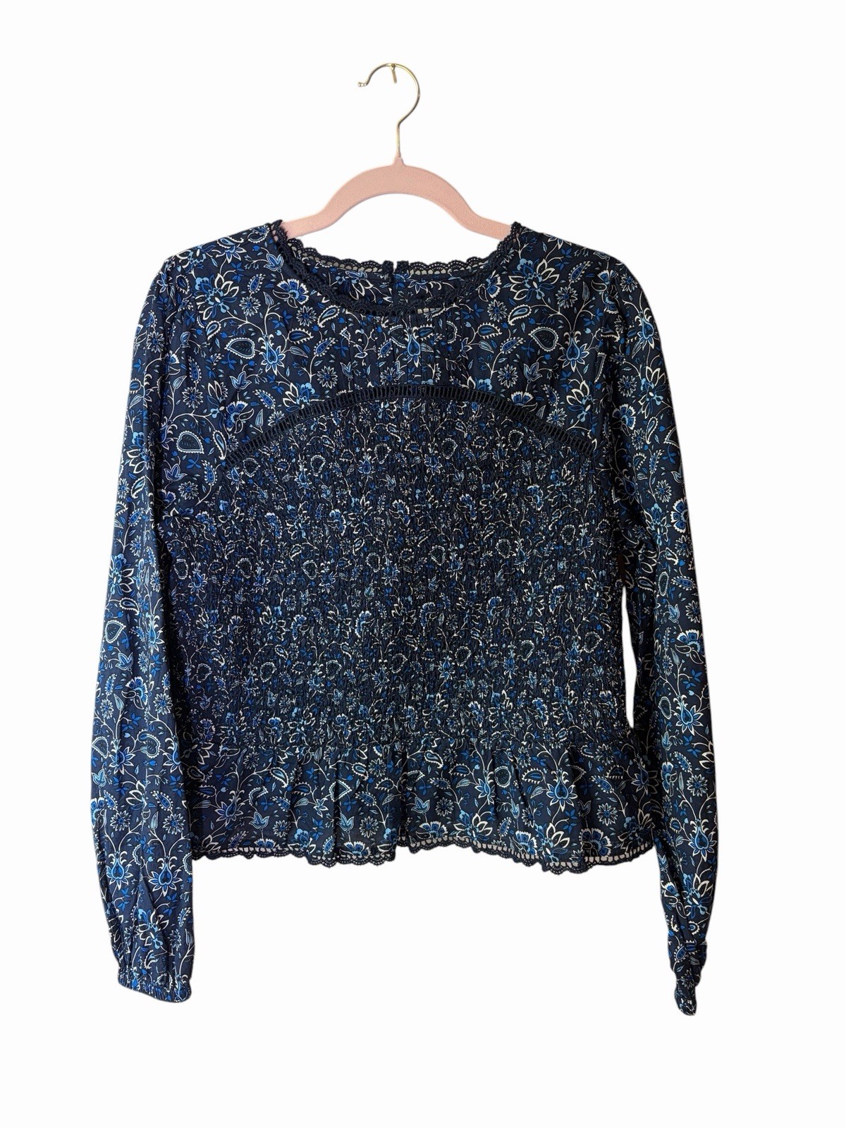 Ann Taylor LOFT Women’s Floral Long Sleeve Smocked Button Blouse Top, Size L