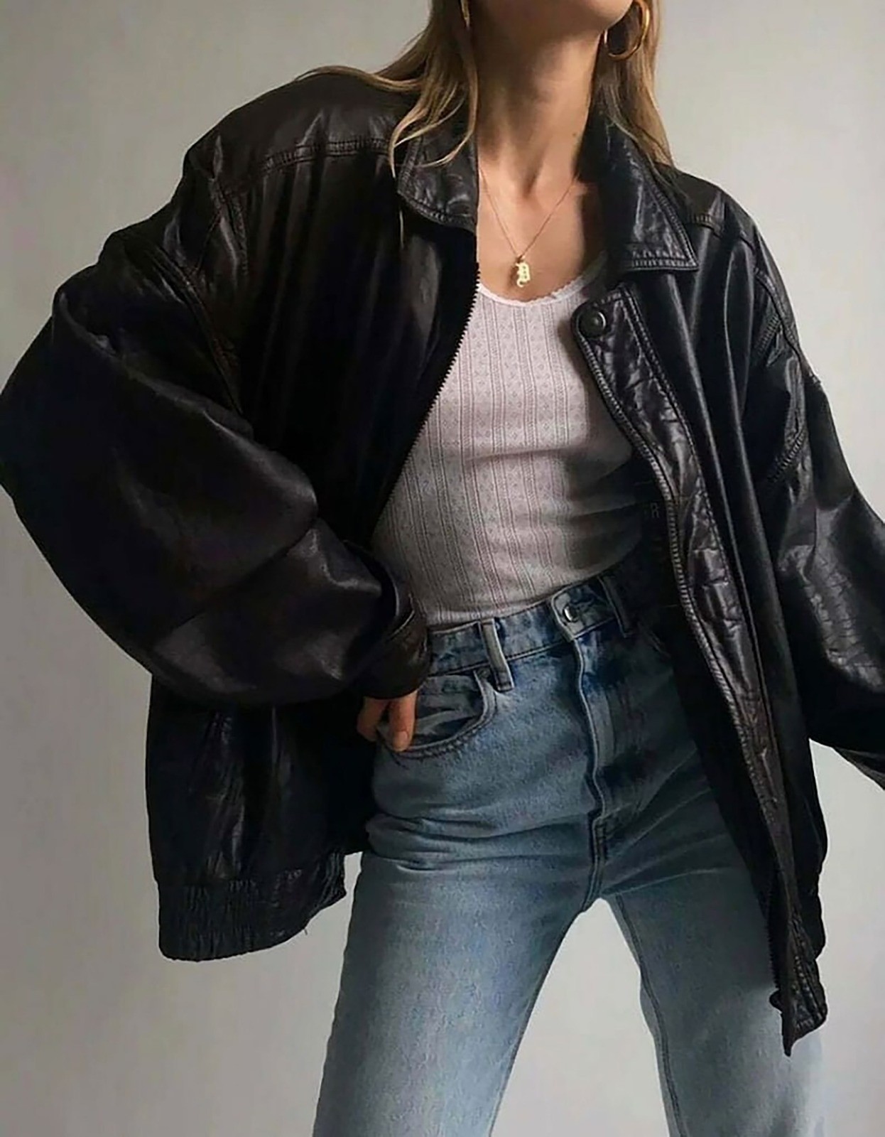 Womens Oversized Black Faux Leather Bomber Jacket Vintage Y2K Casual Coat