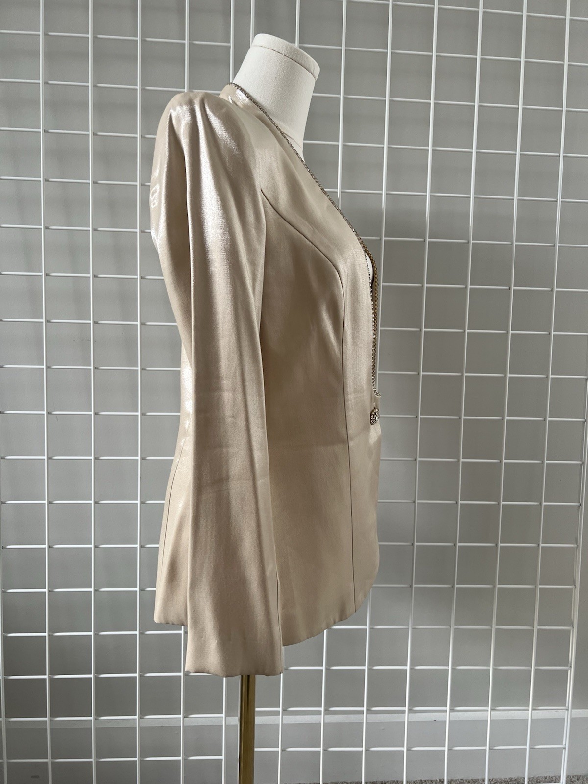 Vintage Cachet Blazer Jacket Ivory Beige One Button Rhinestone Satin Size 8