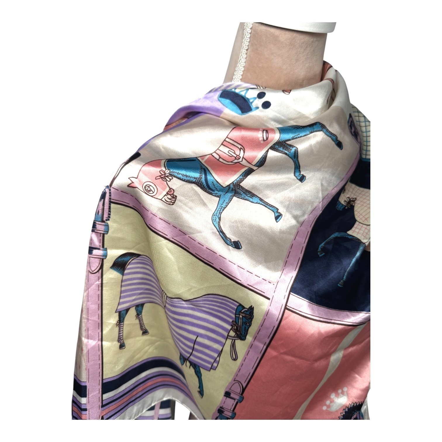 Unbranded Equestrian Square Scarf 35in Multicolor Horse Print Vintage Style