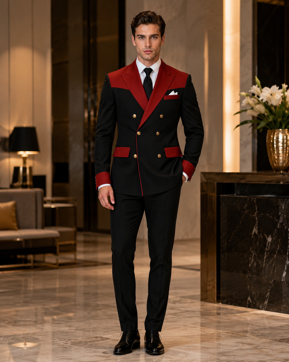 Mens Black Red Double Breasted Tuxedo Suit Gold Button Wedding Groom Prom Wear