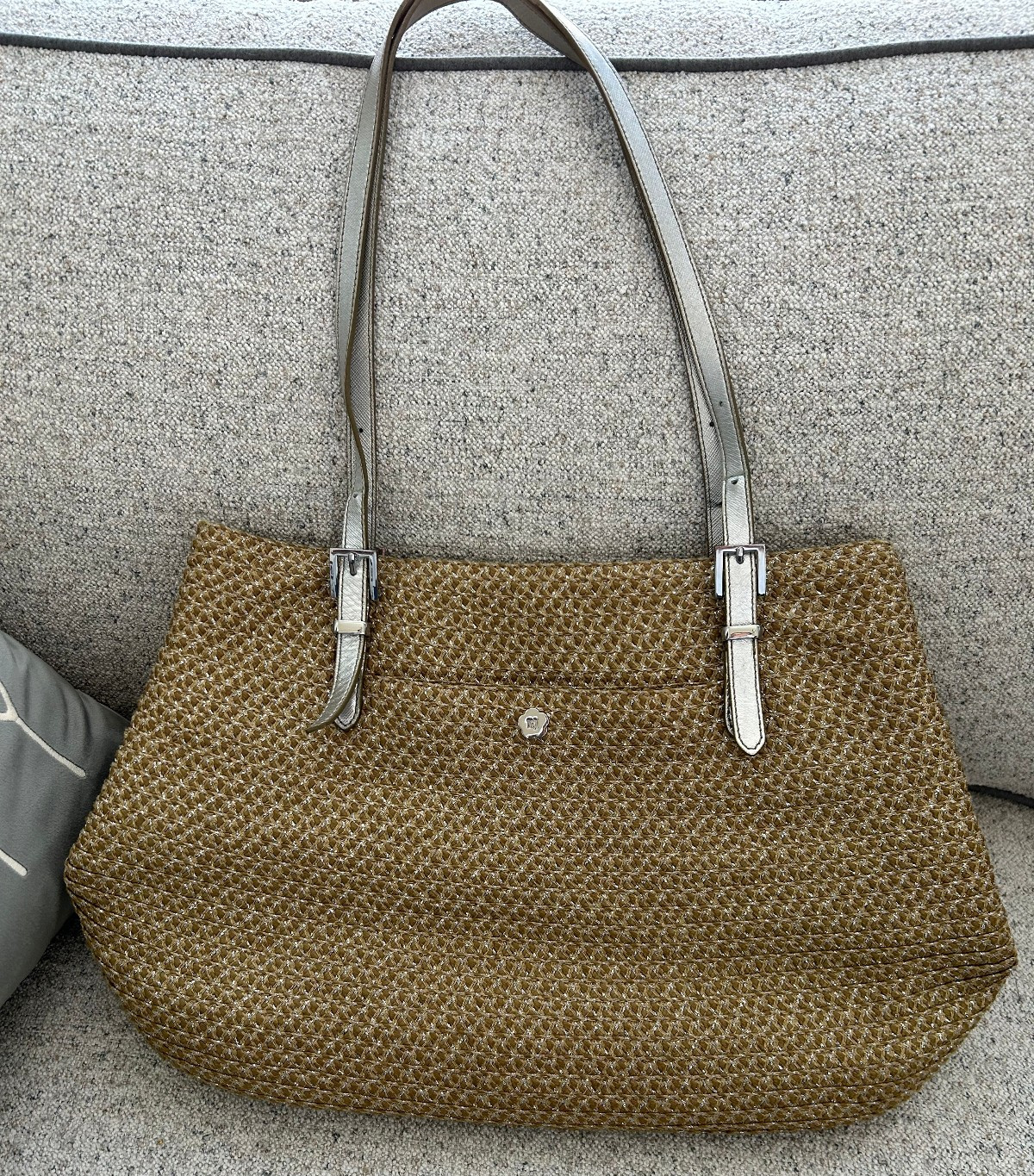 ERIC JAVITS Straw Shoulder Bag Pewter Leather Trim Silver Hardware Vary Clean EJ