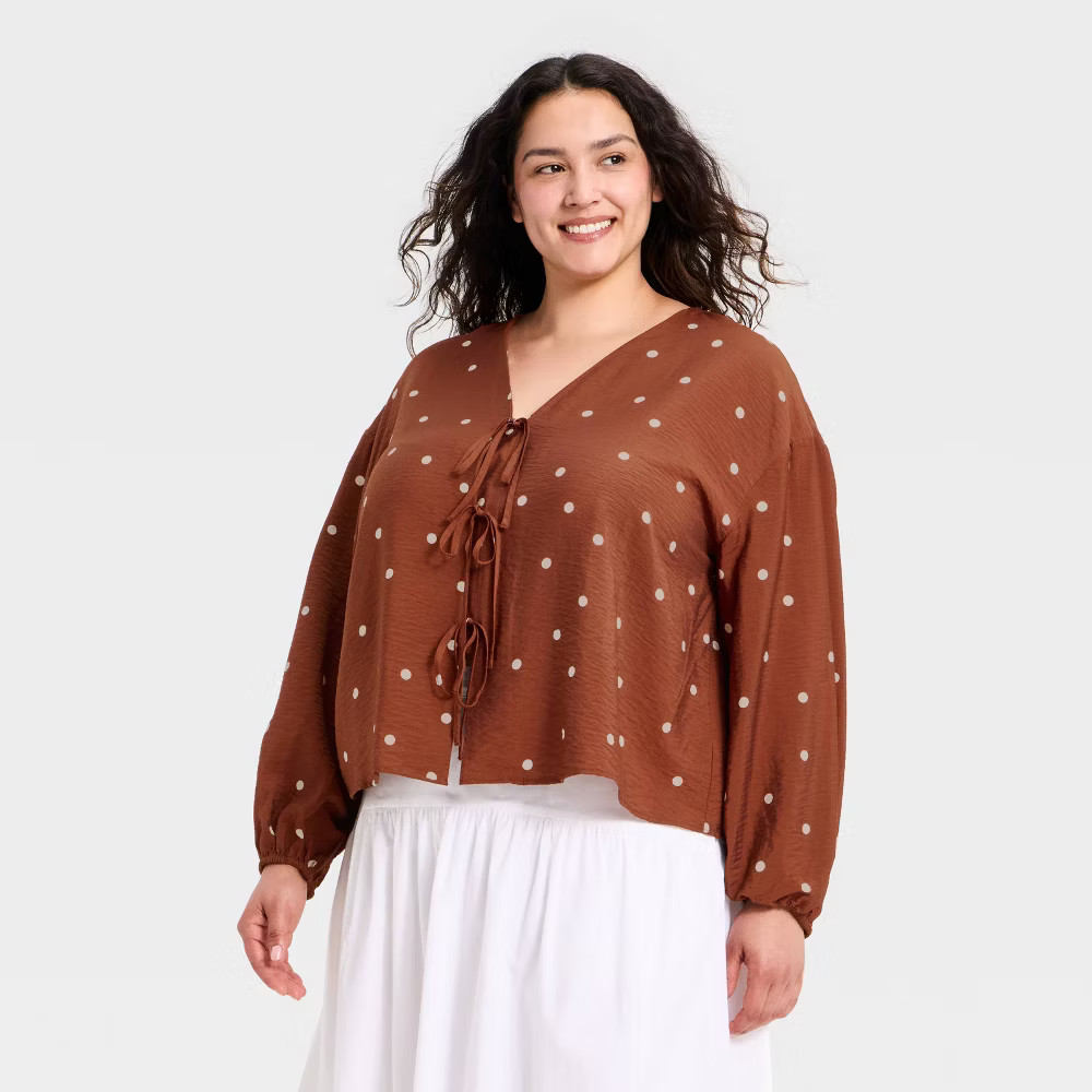 Women Balloon Long Sleeve Tie-Front Blouse – A New Day Brown Polka