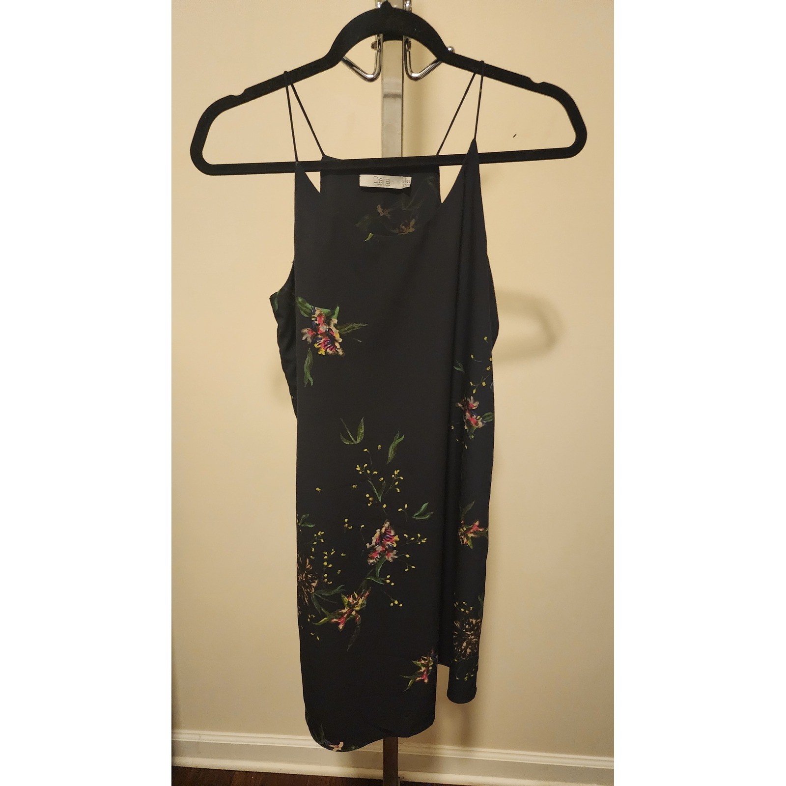 Dalia Floral Spaghetti Strap Shift Dress Navy Blue Botanical Print Boho XS