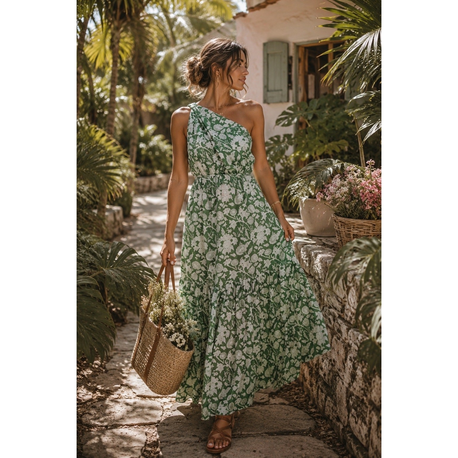 Tuckernuck Charina Sarte 100% Cotton Green White Floral Maxi Dress Size Large
