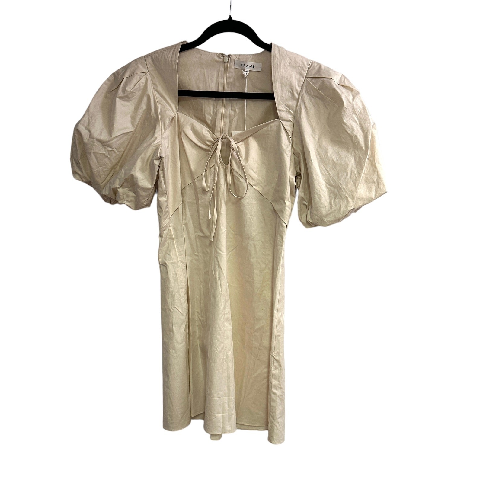 NEW Frame Tie Neck Puff Sleeve Stretch Poplin Minidress Flax Beige Cotton Medium