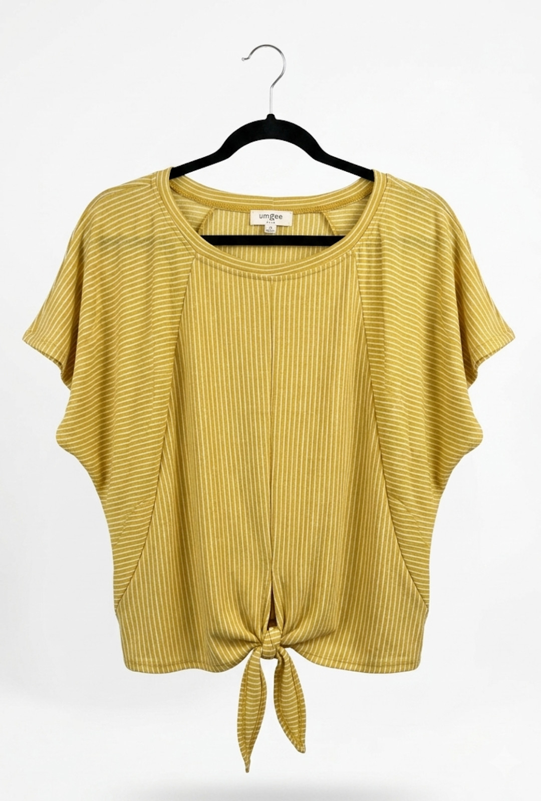 Women’s Umgee Yellow/Green Striped Tie-Front Top Short Sleeve Casual Relaxed Fit