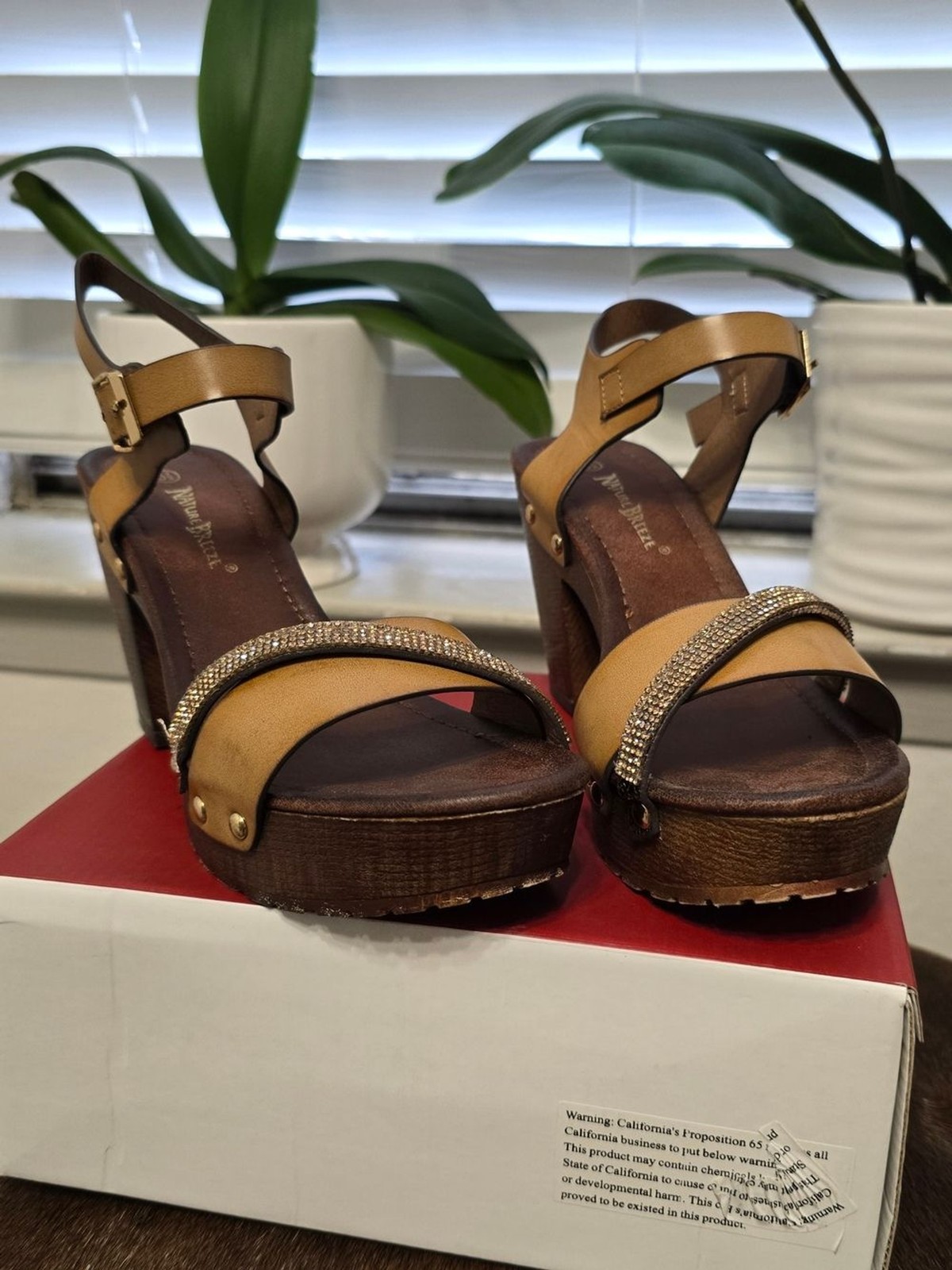 Nature Breeze Tan Platform Heeled Sandals with Gold Accents