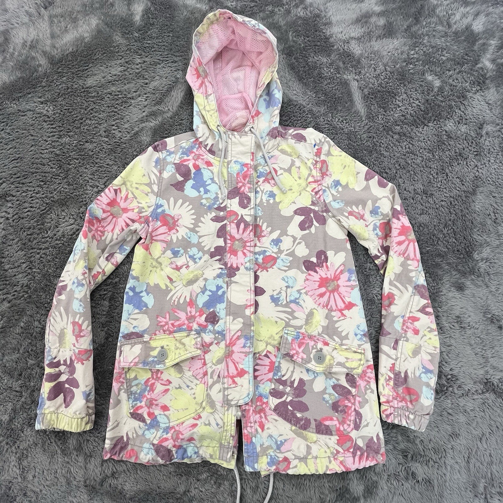 Mossimo Supply Hooded Jacket Womens Small Zip Snap Pastel Floral Wearable Art