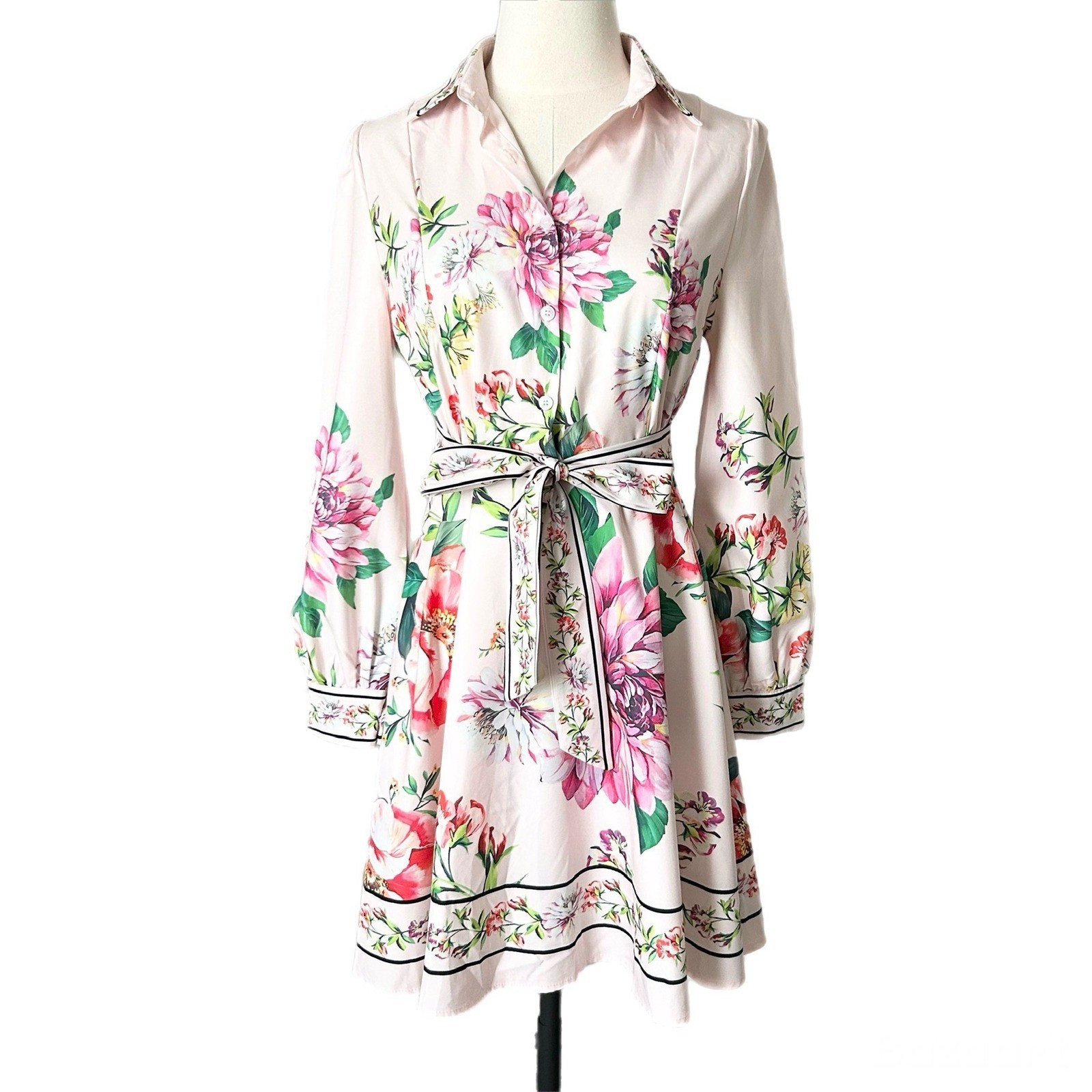 Dalia MacPhee Pink Floral Long Sleeve Button Front Shirt Dress with Belt Medium
