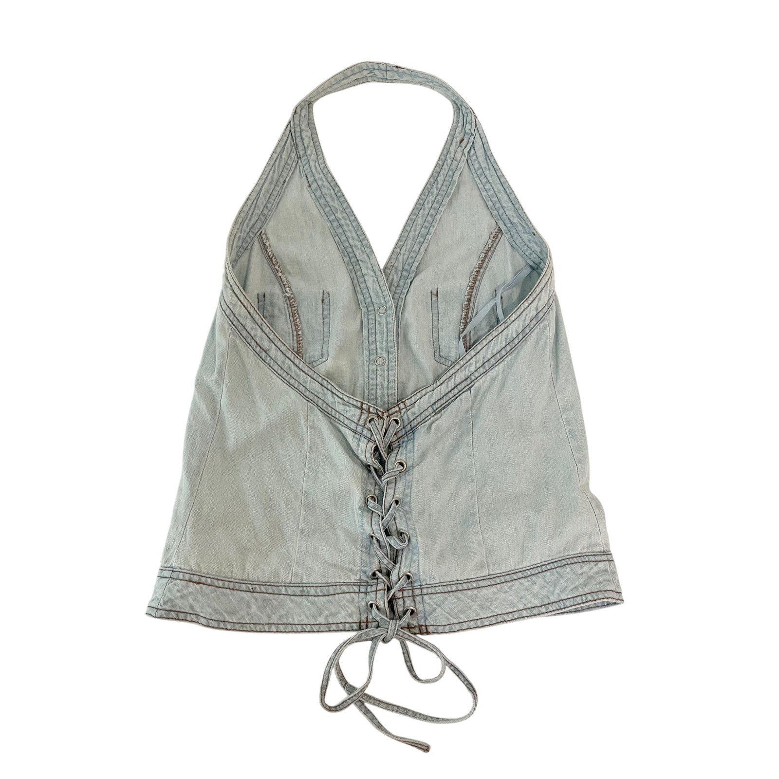 Vtg Faded Glory Denim Halter Top Y2K Light Wash Lace Up Country Western SMALL