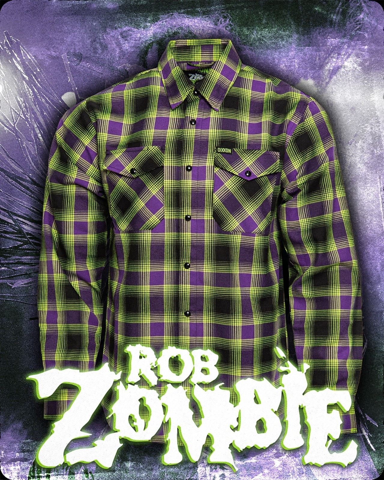 DIXXON Flannel “Rob Zombie” Men’s XL Neon Green & Purple Plaid Snap Band Shirt