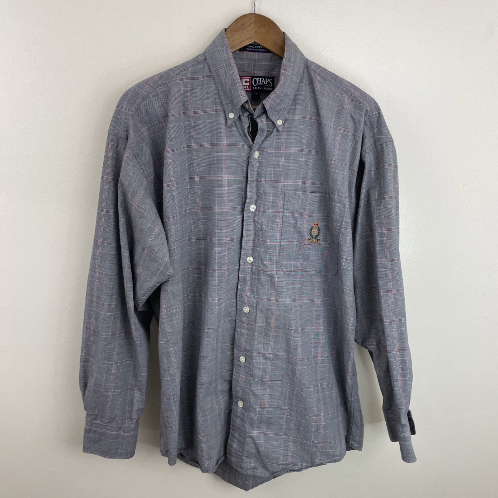 Vintage Chaps Ralph Lauren Shirt Mens Medium Gray & Red Plaid Long Sleeve Button