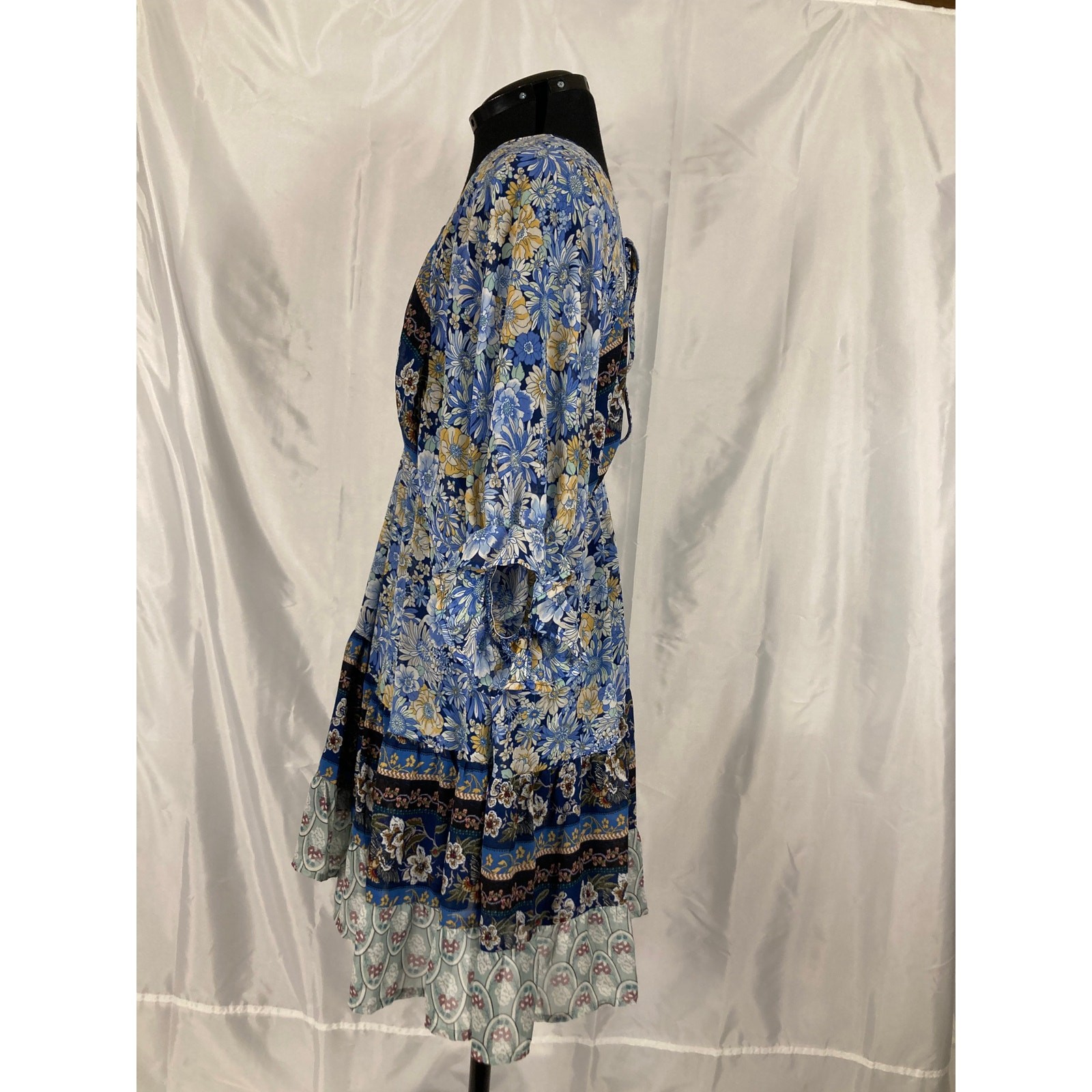 M Umgee blue floral multi batwing puff sleeve boho short dress knee length