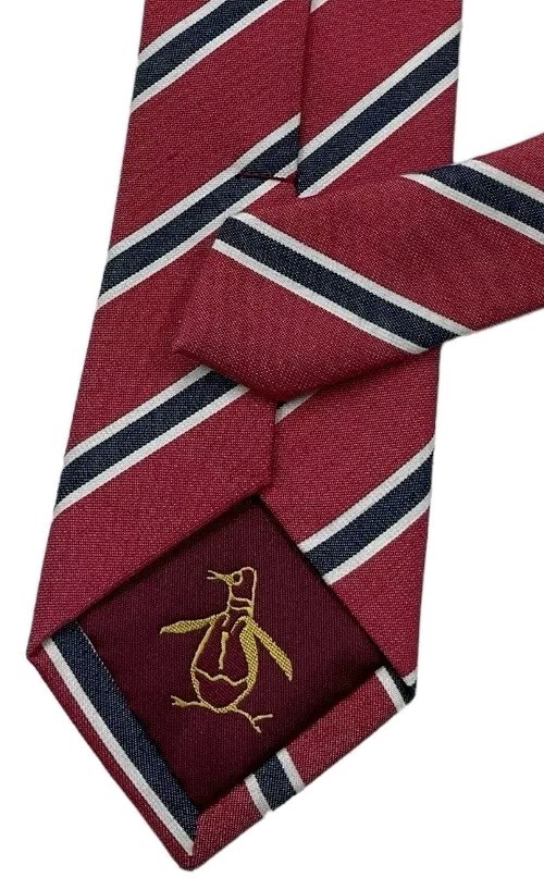 PENGUIN Men’s Polyester Cotton Silk Tie LUXURY Red Black Striped W:2.2″ EUC