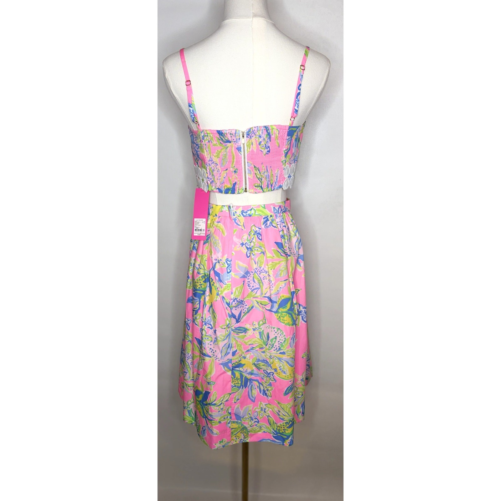 Lilly Pulitzer Pink Tropical Print Two-Piece Crop Top & Midi Skirt Set NWT