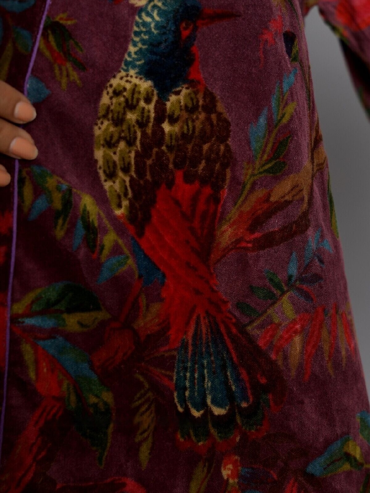 OFMD Maroon Bird Print Velvet Banyan Kimono Original OFMD Break Up Robe Jacket