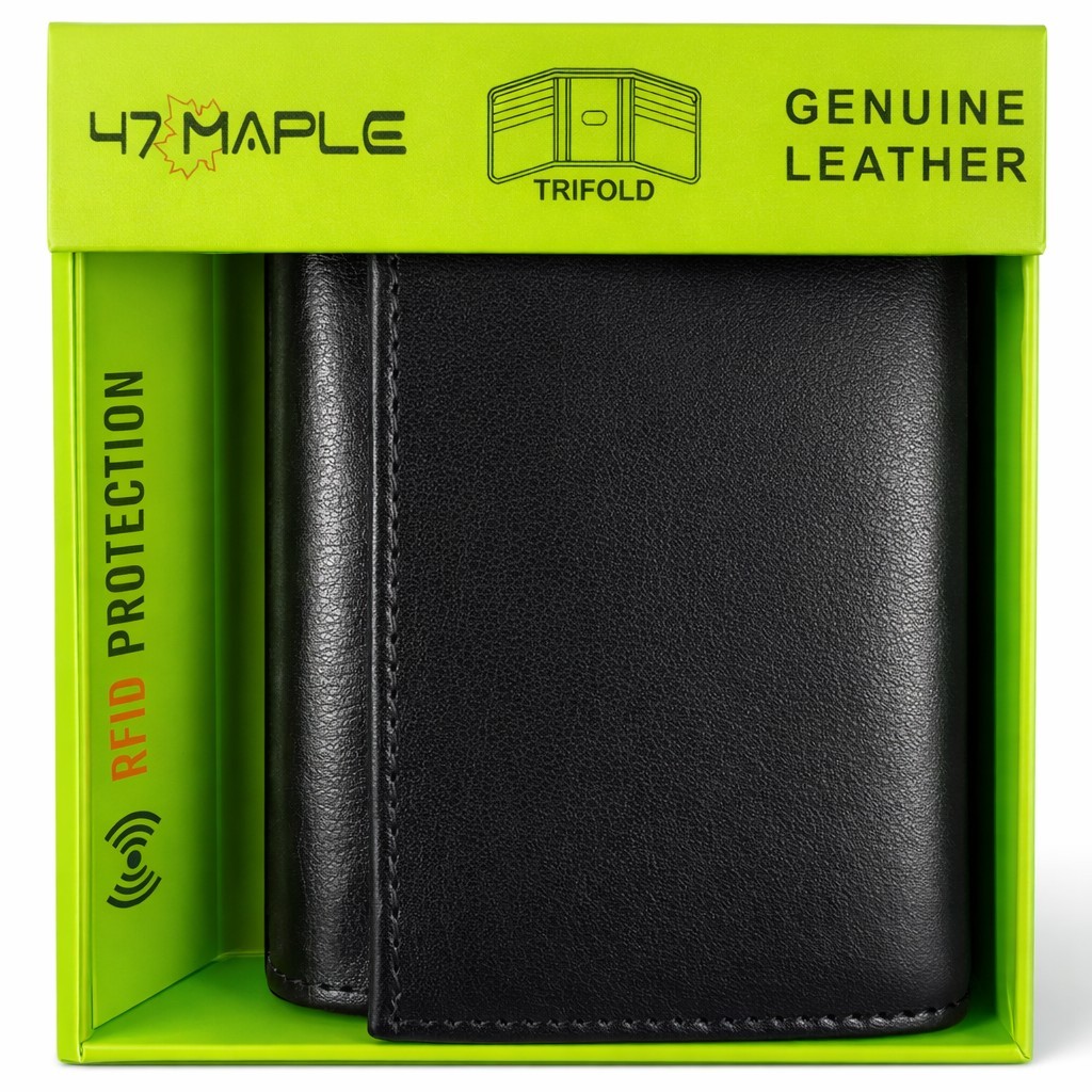 Men’s Genuine Leather RFID Security Black Trifold Wallet with Inside Zipper Box