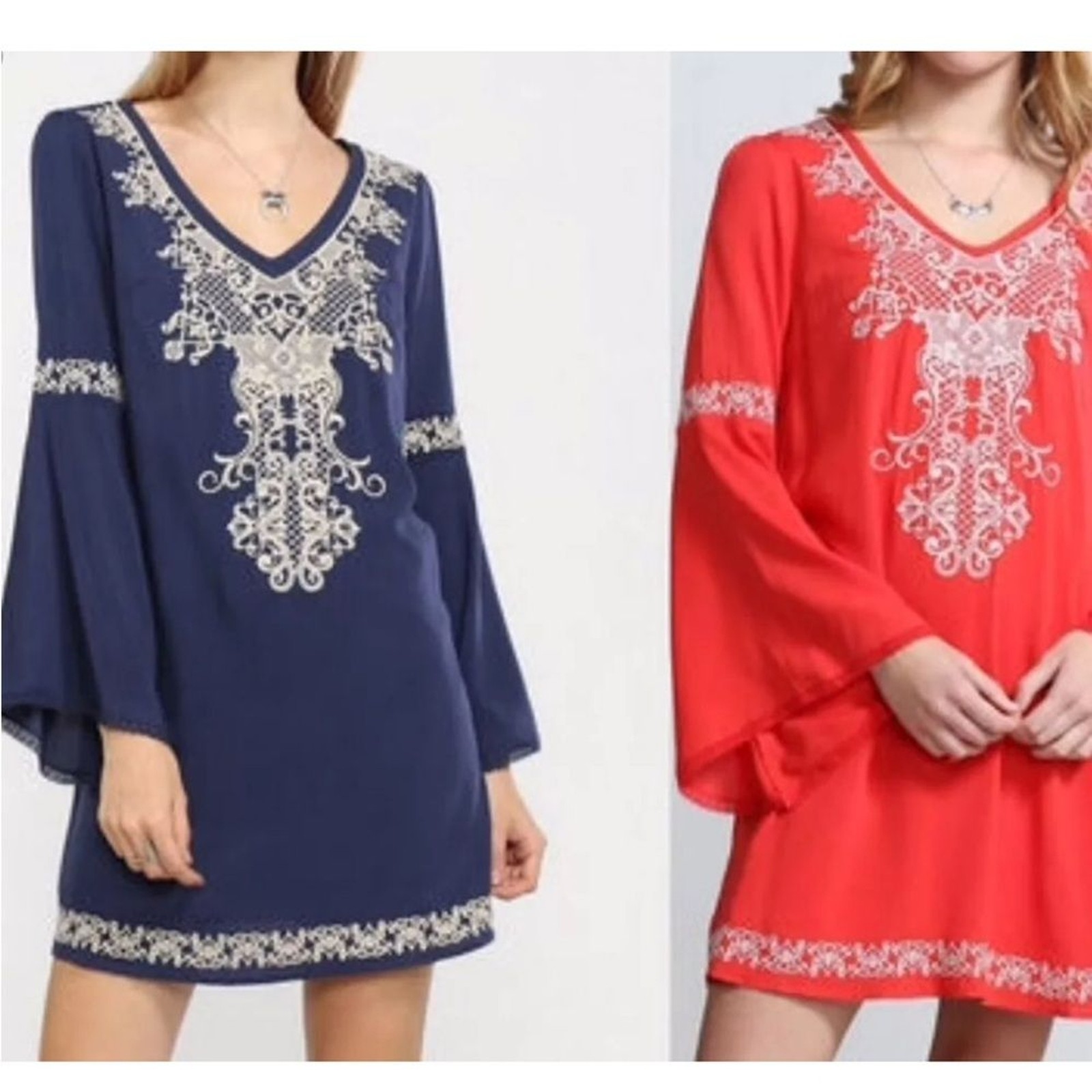 Flying Tomato Embroidered Bell Sleeve Bohemian Ivory Blue Dress Small Festival