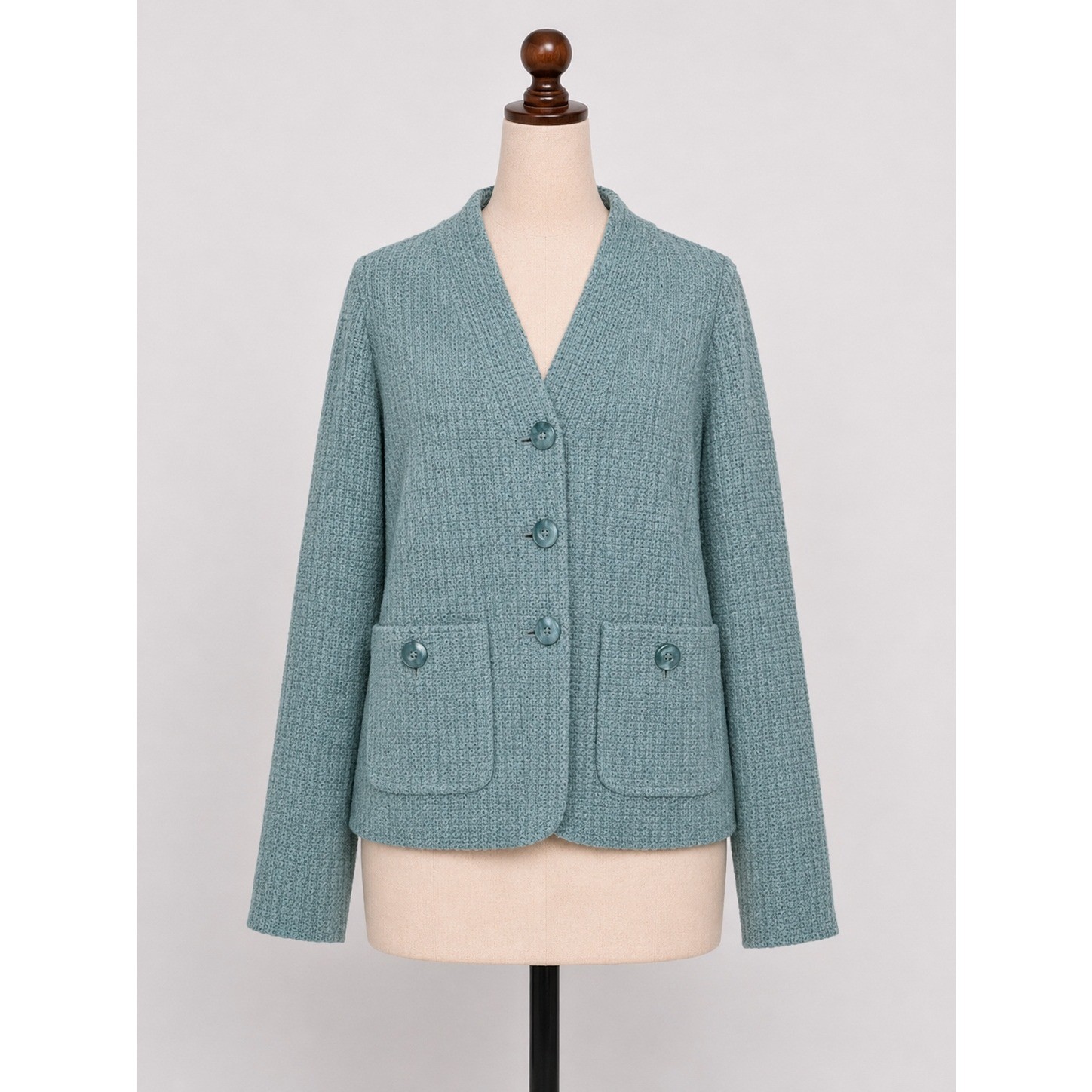 St. John Aqua Teal Blue Textured Knit Blazer Shell Jacket Size 14 USA V-Neck