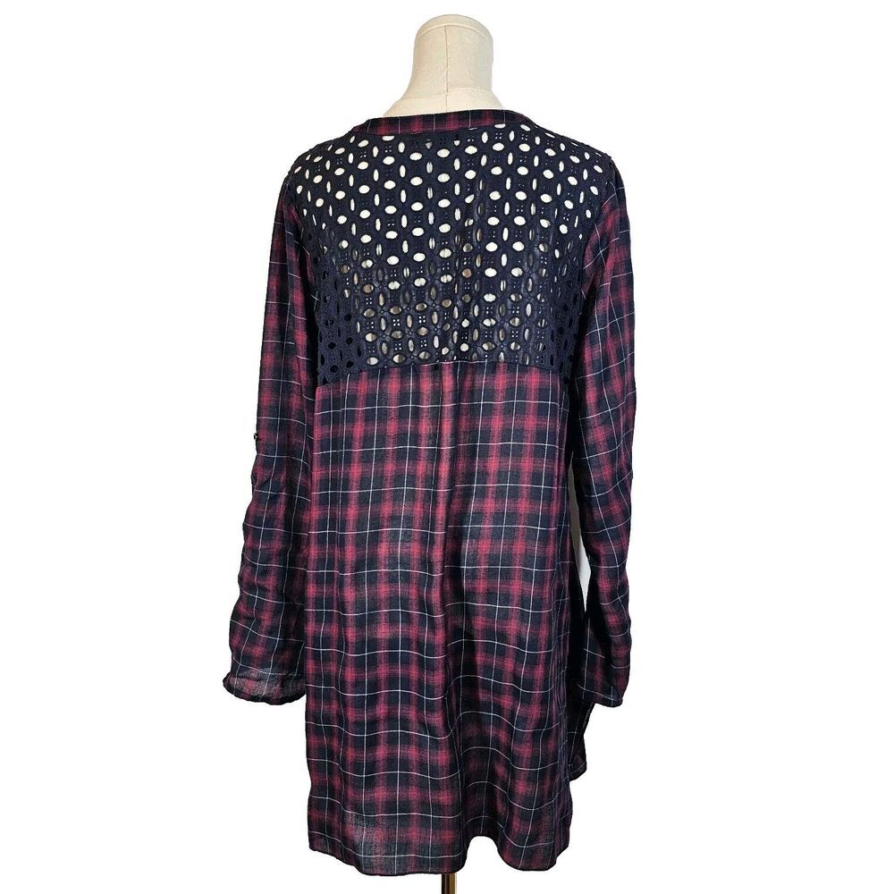 Andree by Unit FLAWED Tab-Sleeve Embroidered Tunic Cottagecore Floral Plaid L