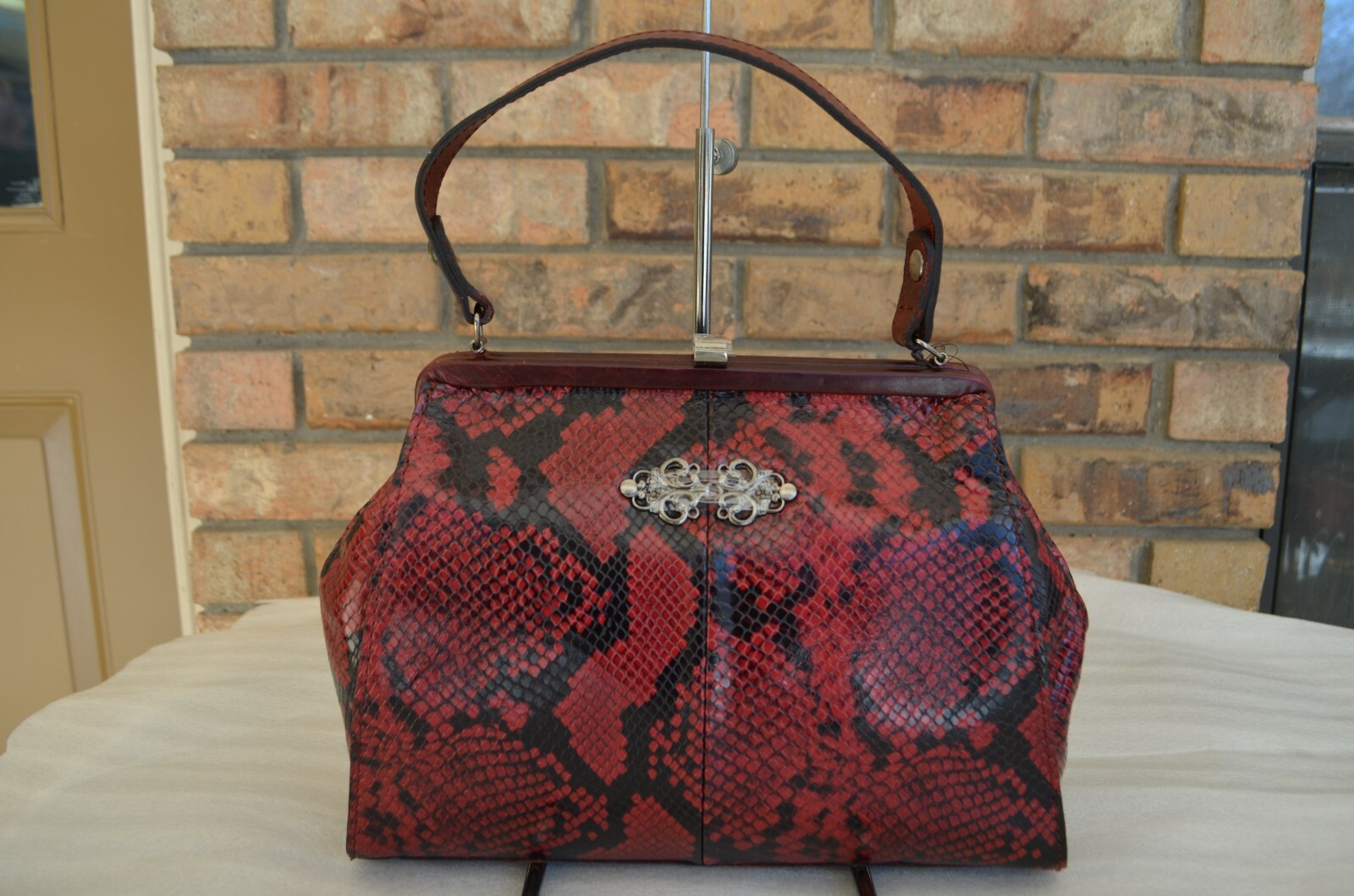 NWT $199 Patricia Nash Berry Red Leather Italian Python Bonifati Framed Satchel