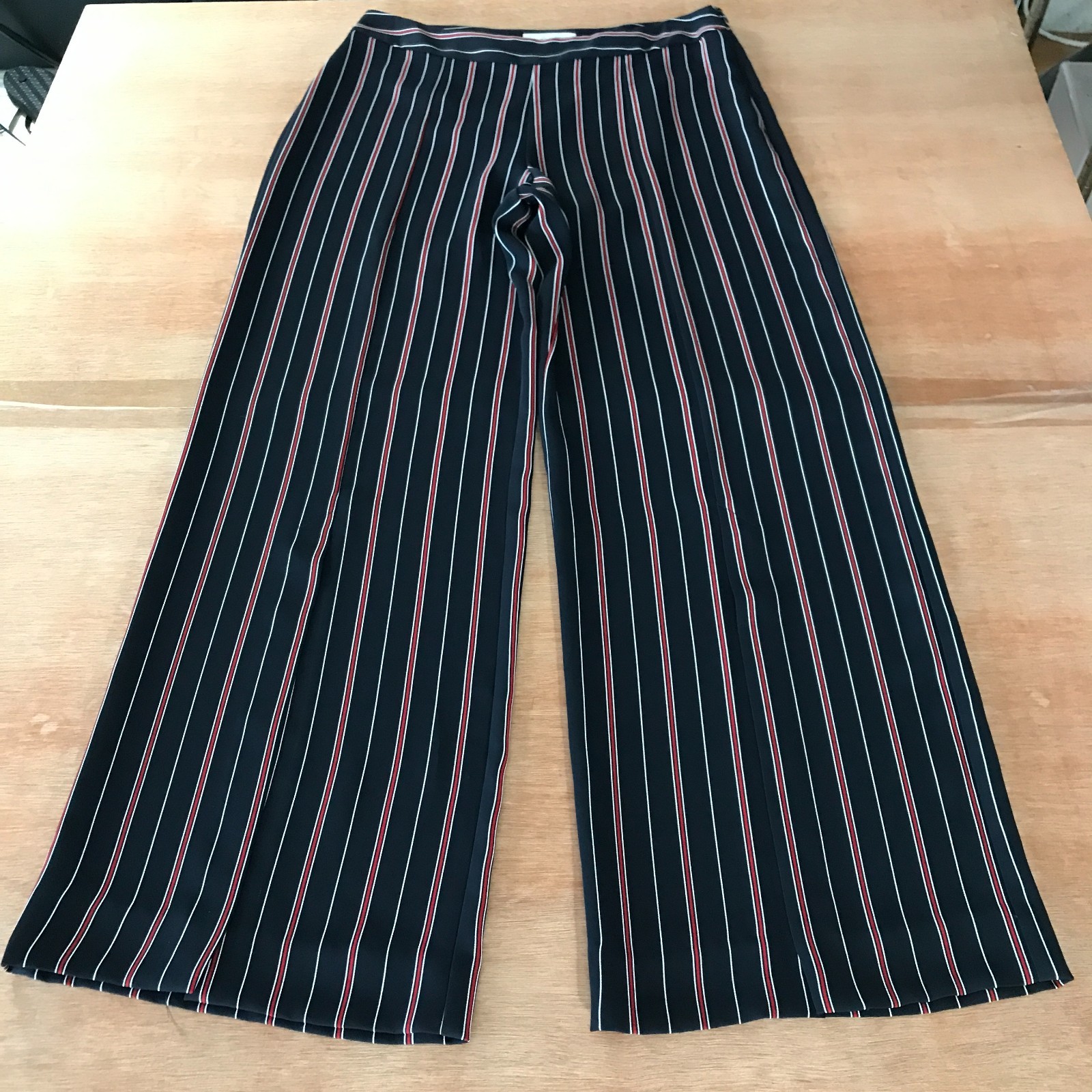 Veronika Maine Wide Leg Pants Women 10 Black Red Striped Split Cuff High Rise
