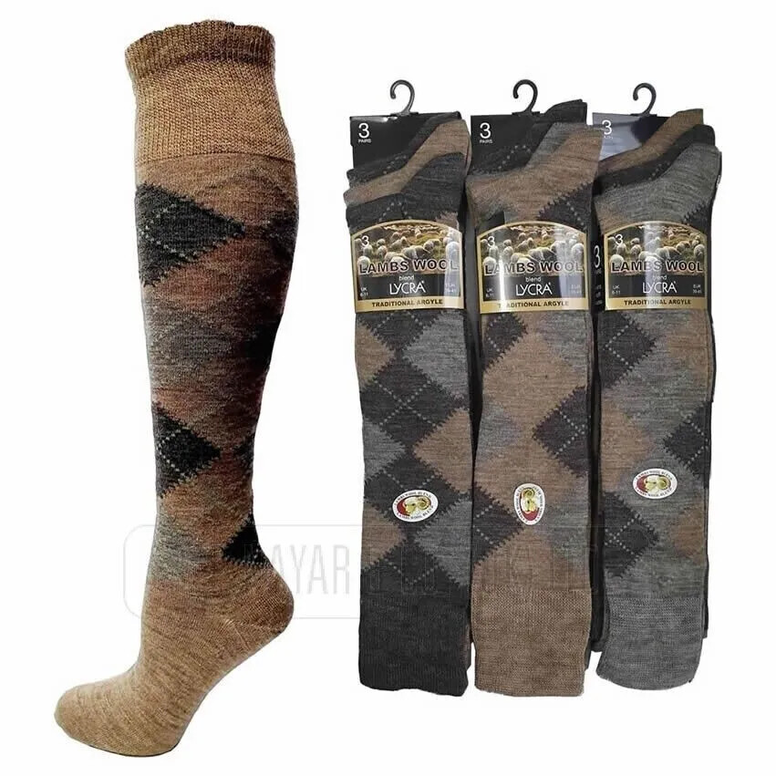 3/6/12 Pairs MEN’S Long Knee High Thermal Lambs Wool Blend Argyle Socks UK 6-11