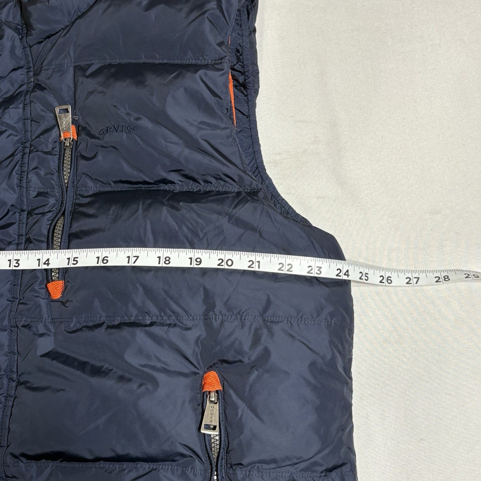 Orvis Essex Puffer Vest Mens Large Navy Blue Duck Down Full Zip Snap Button READ