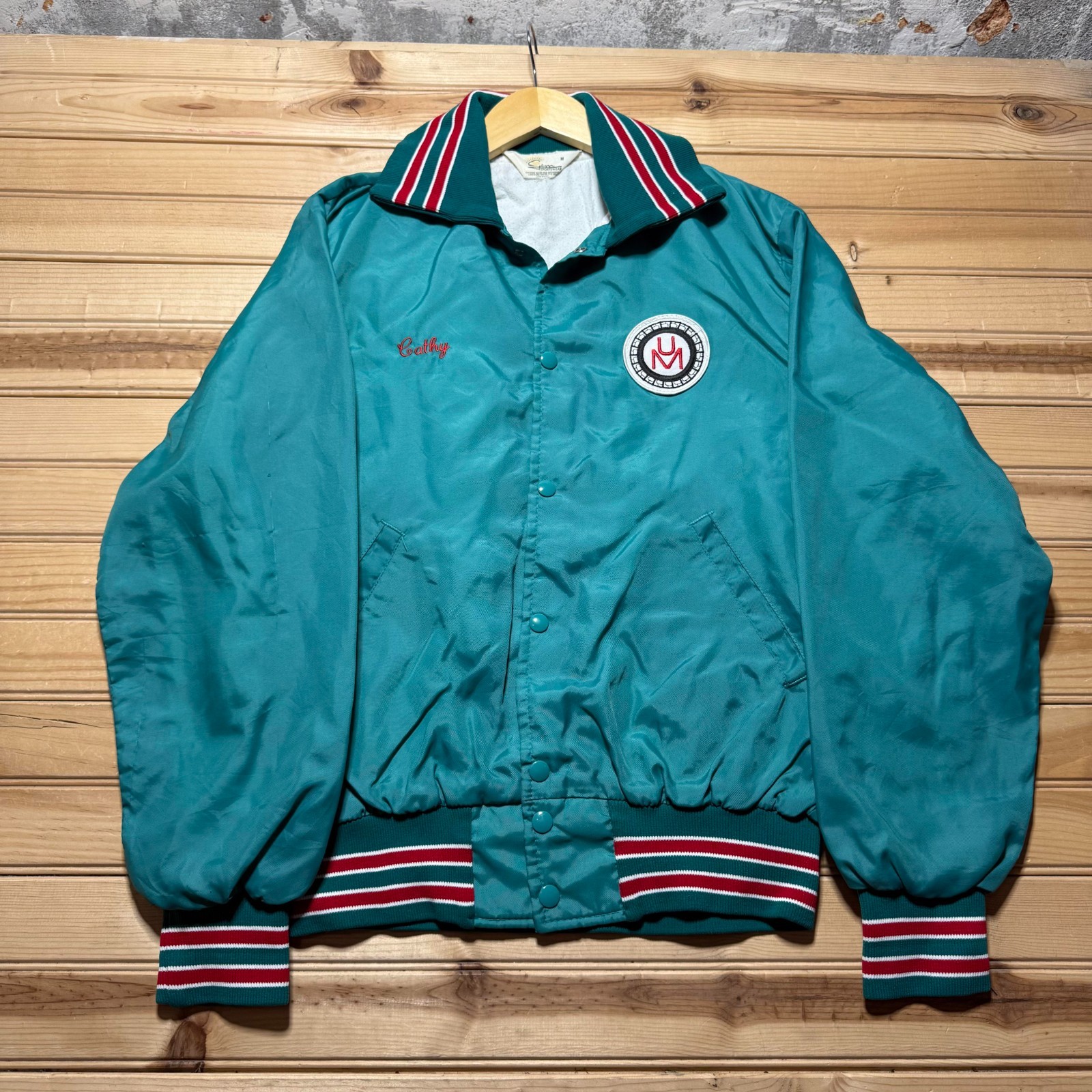 Vintage 90s University UM Patch Satin Bomber Jacket USA Made Medium