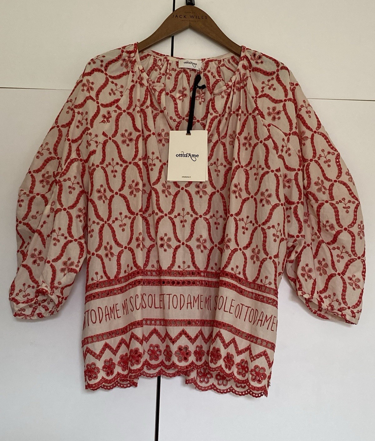ottod’Ame Beige & Red Embroidered Round Neck Balloon Sleeve Blouse Cotton 10