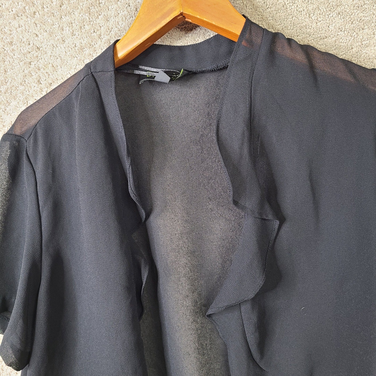 DN Design Shrug Womens 16 Black Ruffle Open Front Chiffon Polyester Sheer Casual