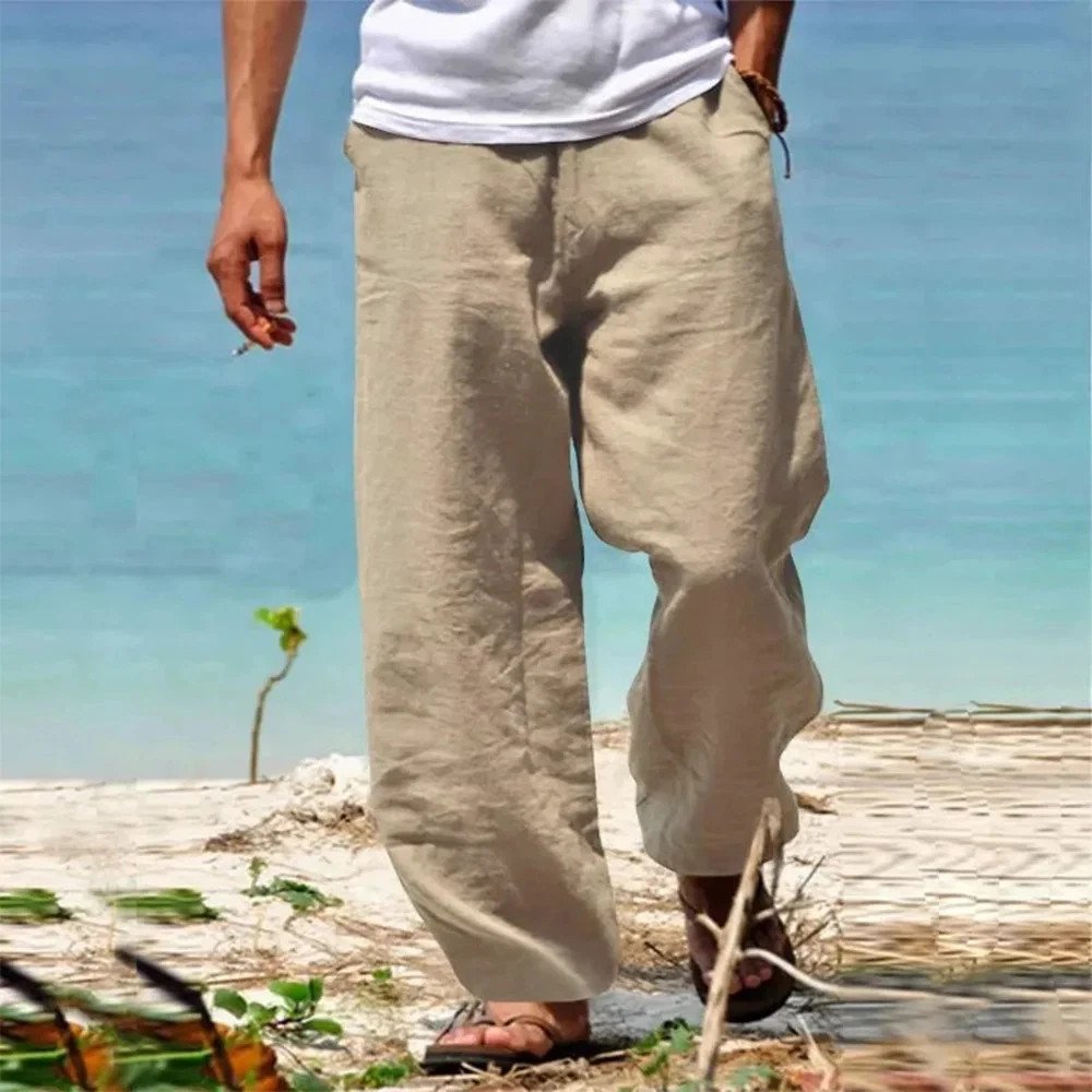 Men’s Beach Pants Breathable Loose Straight Trousers Male Summer Casual Solid
