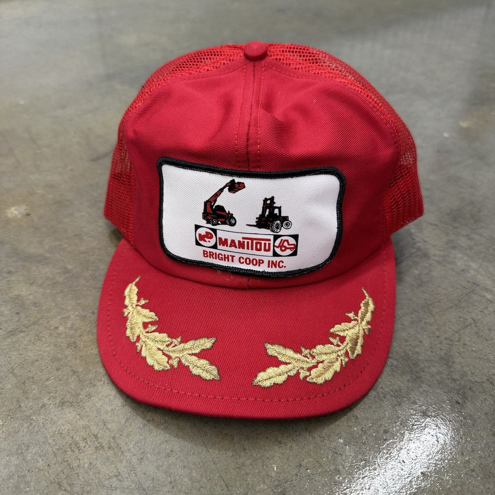 Vintage 80s Manitou Bright Coop Equipment Mesh Trucker Hat Louisville Mfg Co Red