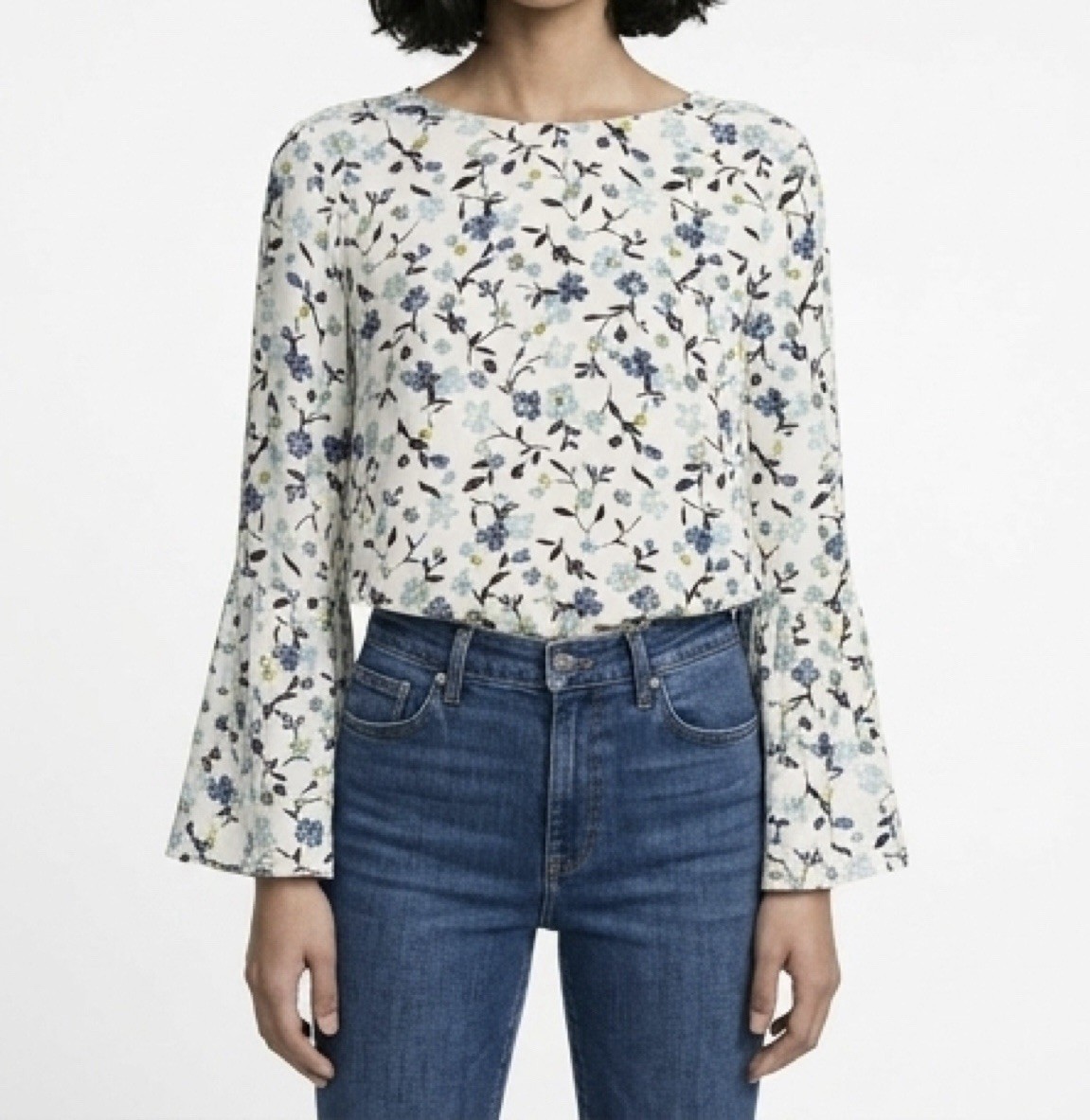 LOFT Silky Floral Blouse Long Wide Bell Sleeve Key Hole Back Sz M NEW