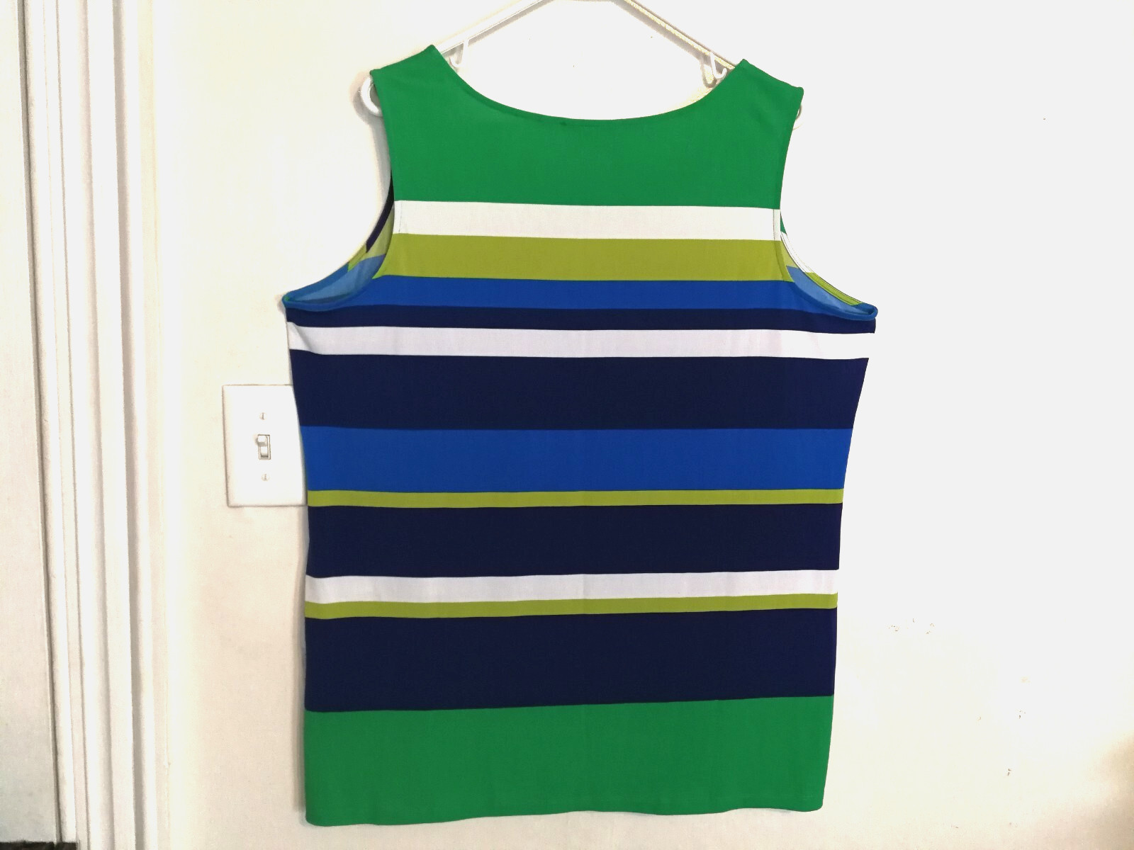 Susan Graver Womens Tank Top XL Blue Green White Striped Sleeveless Blouse Shirt