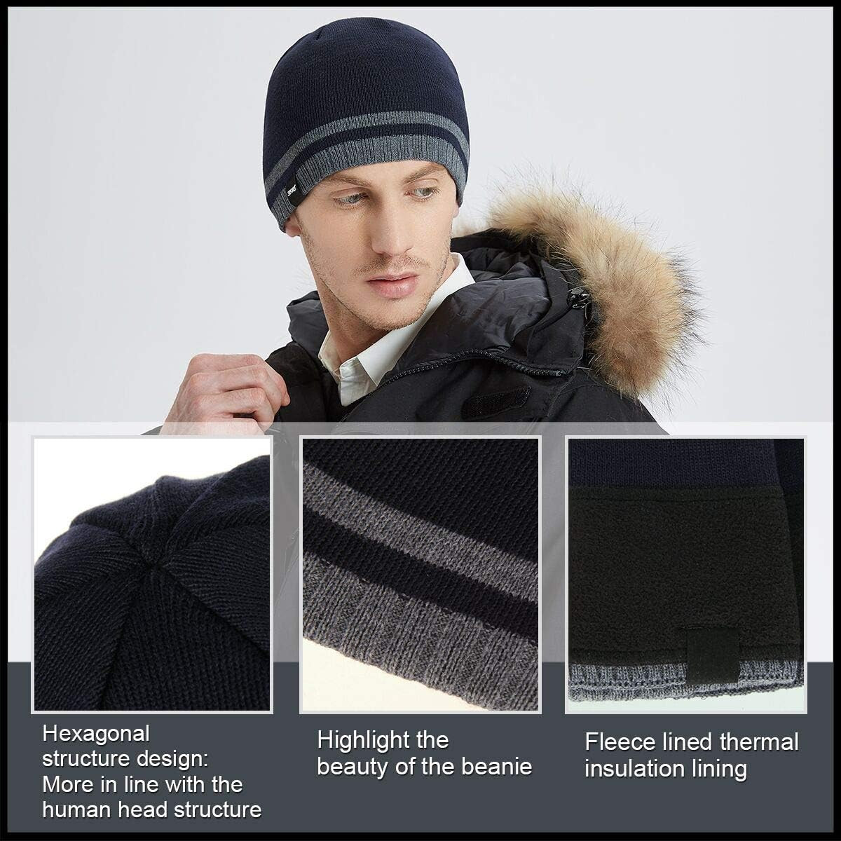 Mens Winter Beanie Hat Warm Knit Cuffed Plain Toboggan Ski Skull Cap (3 Patterns